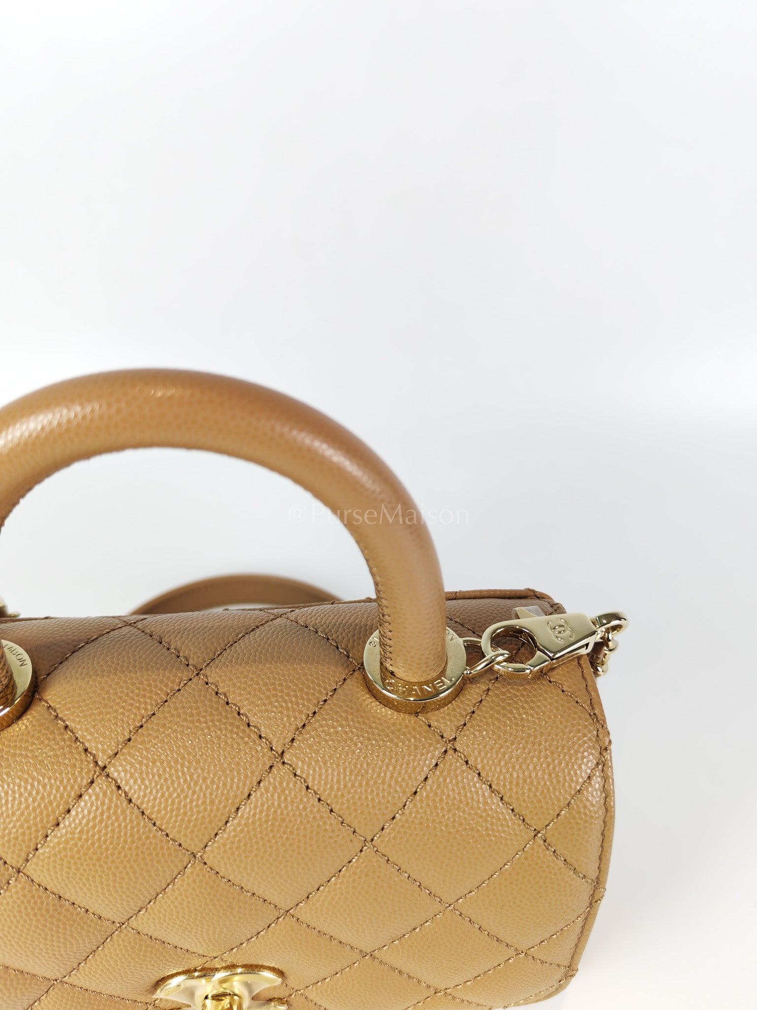 Coco Handle Mini in Dark Beige Caviar Leather Light Gold Hardware(Microchip) | Purse Maison Luxury Bags Shop