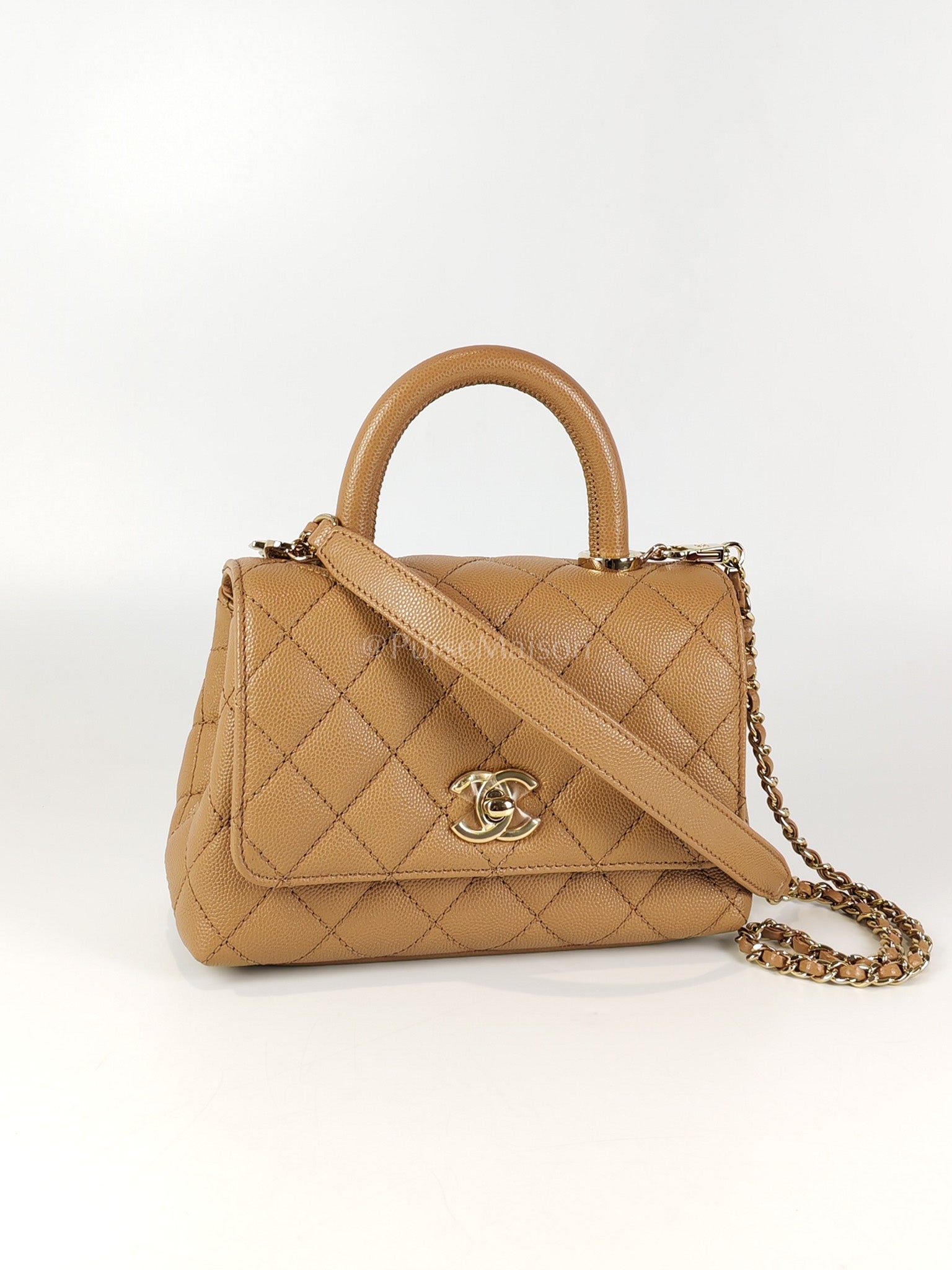 Coco Handle Mini in Dark Beige Caviar Leather Light Gold Hardware(Microchip) | Purse Maison Luxury Bags Shop