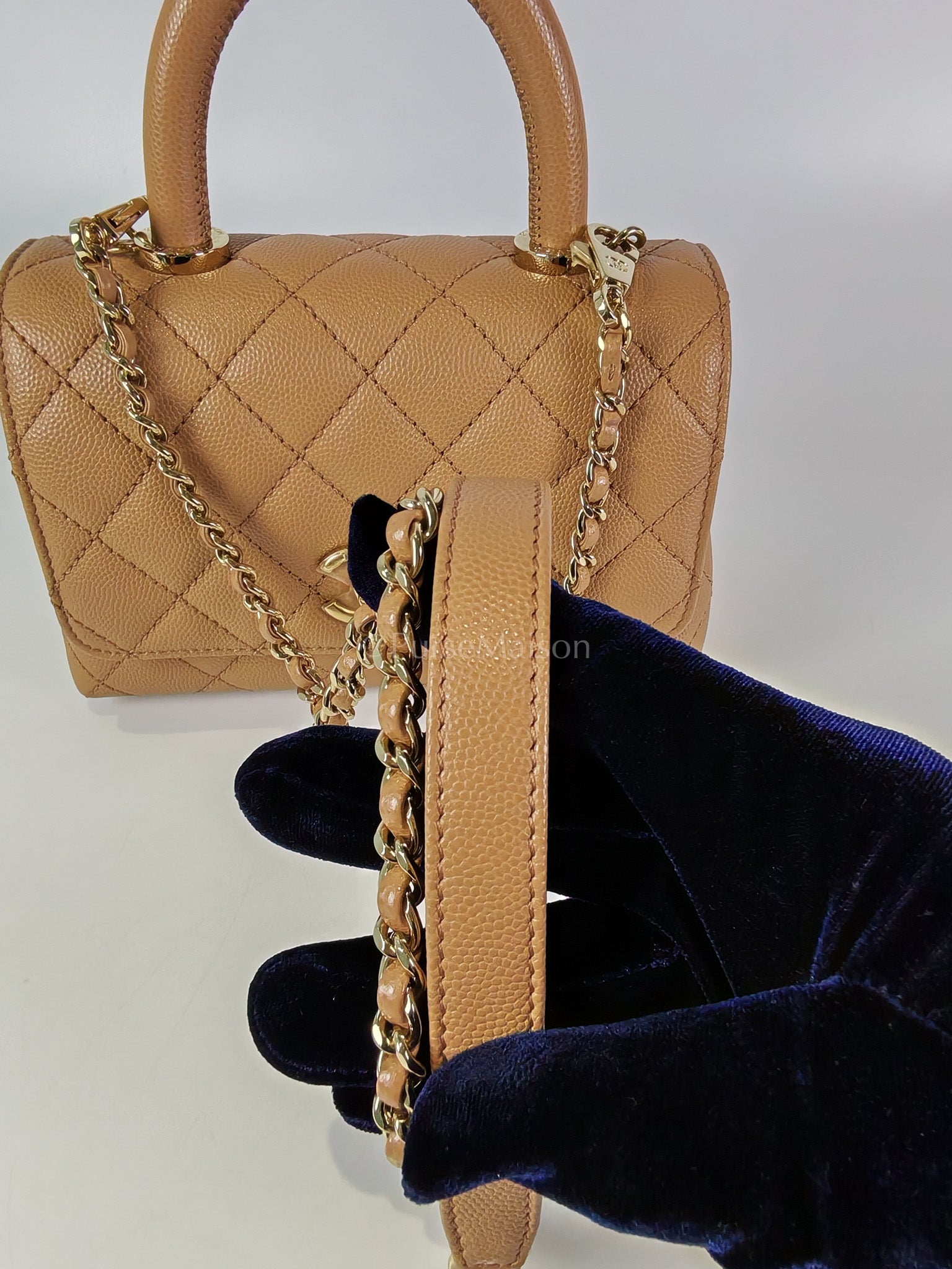 Coco Handle Mini in Dark Beige Caviar Leather Light Gold Hardware(Microchip) | Purse Maison Luxury Bags Shop