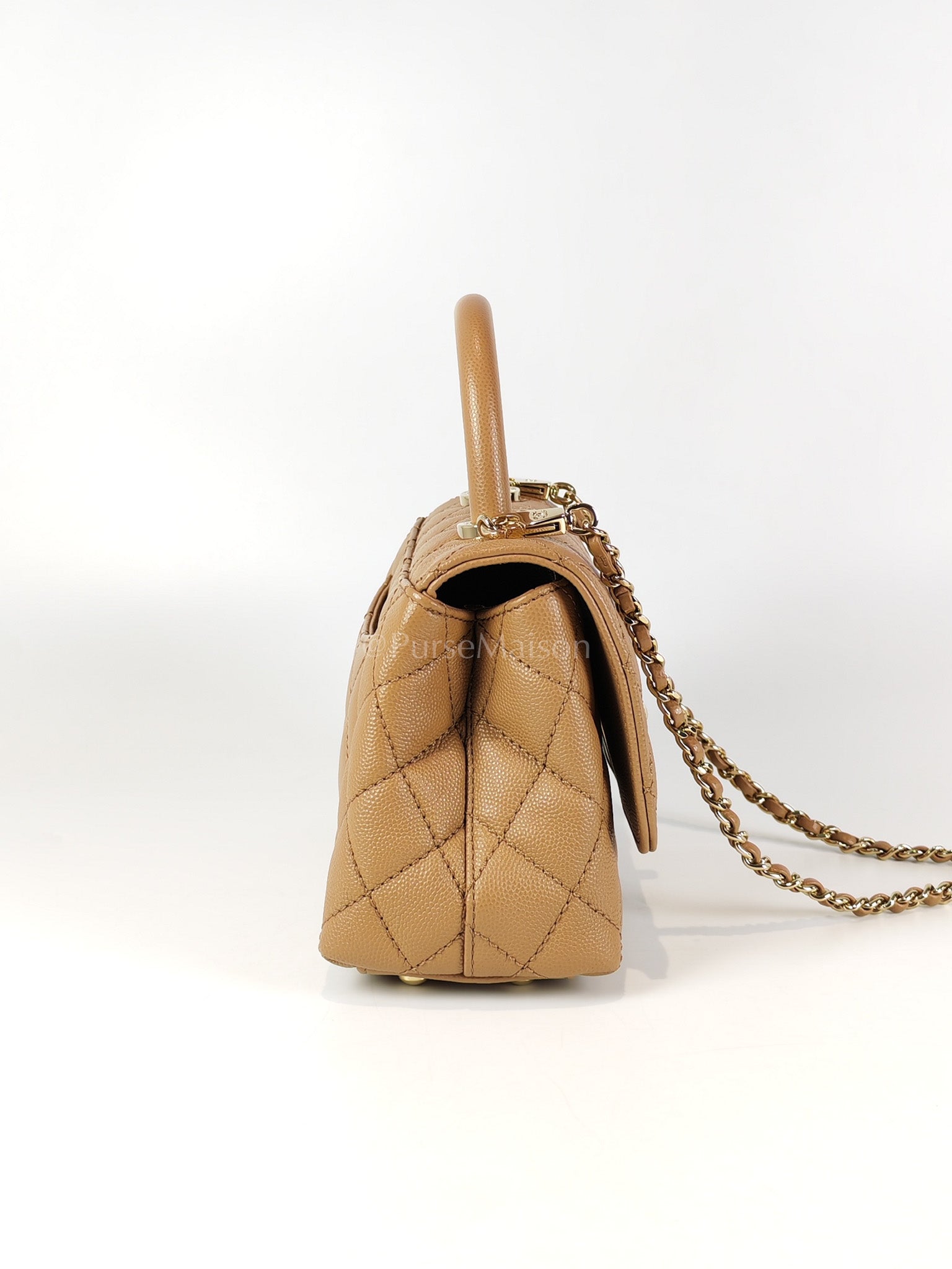 Coco Handle Mini in Dark Beige Caviar Leather Light Gold Hardware(Microchip) | Purse Maison Luxury Bags Shop