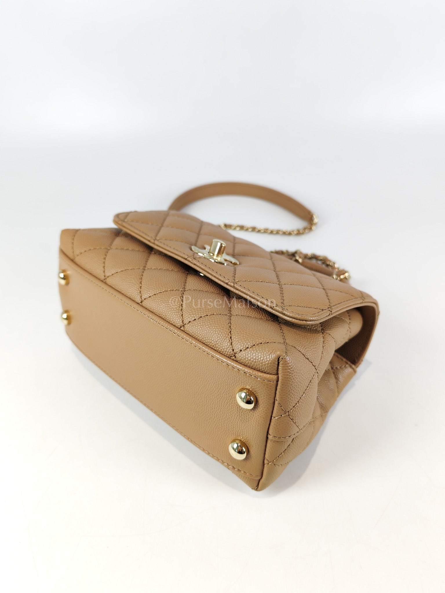 Coco Handle Mini in Dark Beige Caviar Leather Light Gold Hardware(Microchip) | Purse Maison Luxury Bags Shop