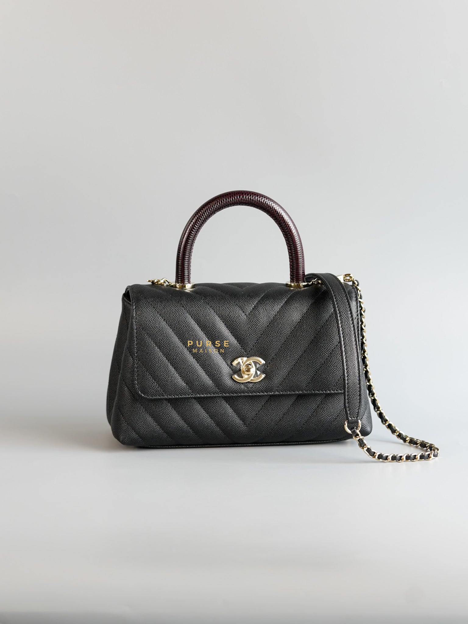 Coco Handle Small Black Caviar Limited Lizard Handle Light Gold Hardware (Series 30) | Purse Maison Luxury Bags Shop