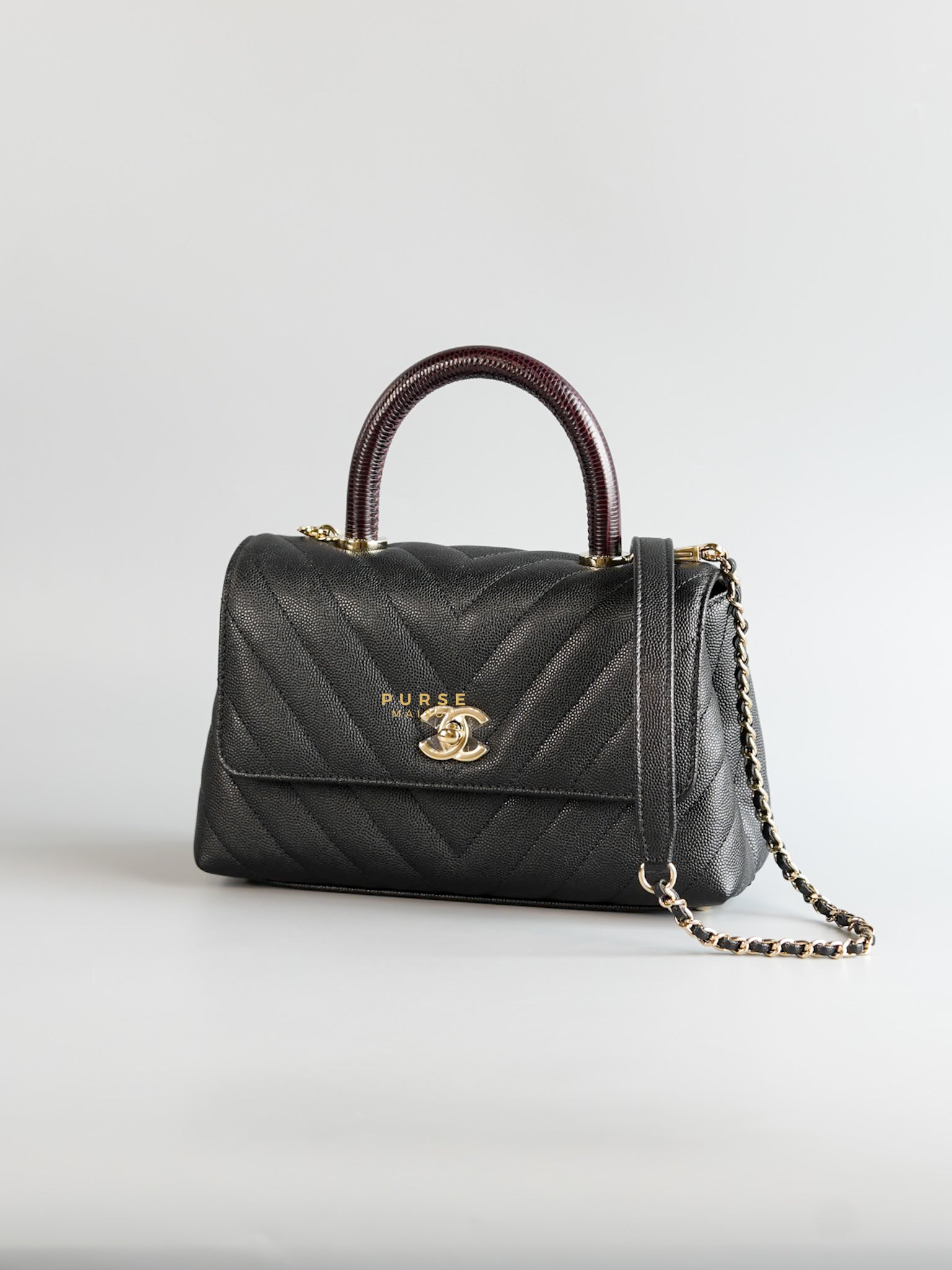 Coco Handle Small Black Caviar Limited Lizard Handle Light Gold Hardware (Series 30) | Purse Maison Luxury Bags Shop