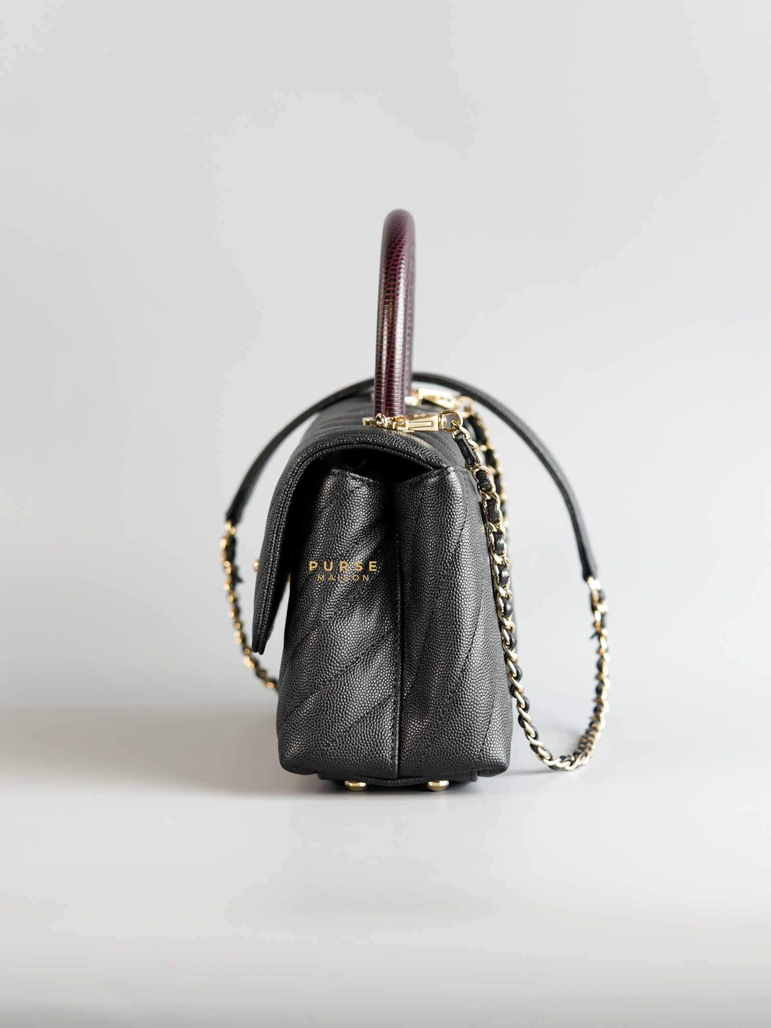 Coco Handle Small Black Caviar Limited Lizard Handle Light Gold Hardware (Series 30) | Purse Maison Luxury Bags Shop