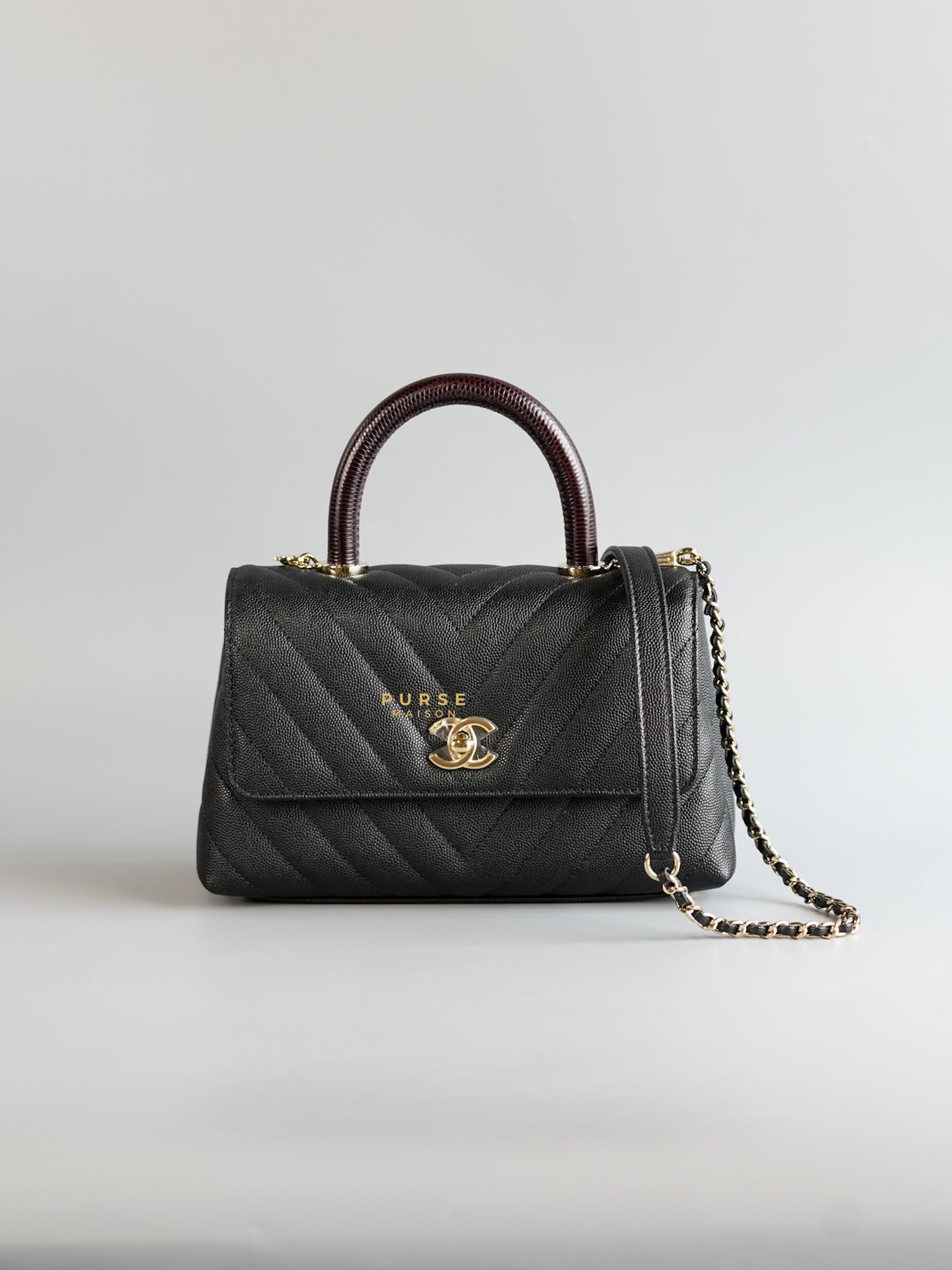Coco Handle Small Black Caviar Limited Lizard Handle Light Gold Hardware (Series 30) | Purse Maison Luxury Bags Shop