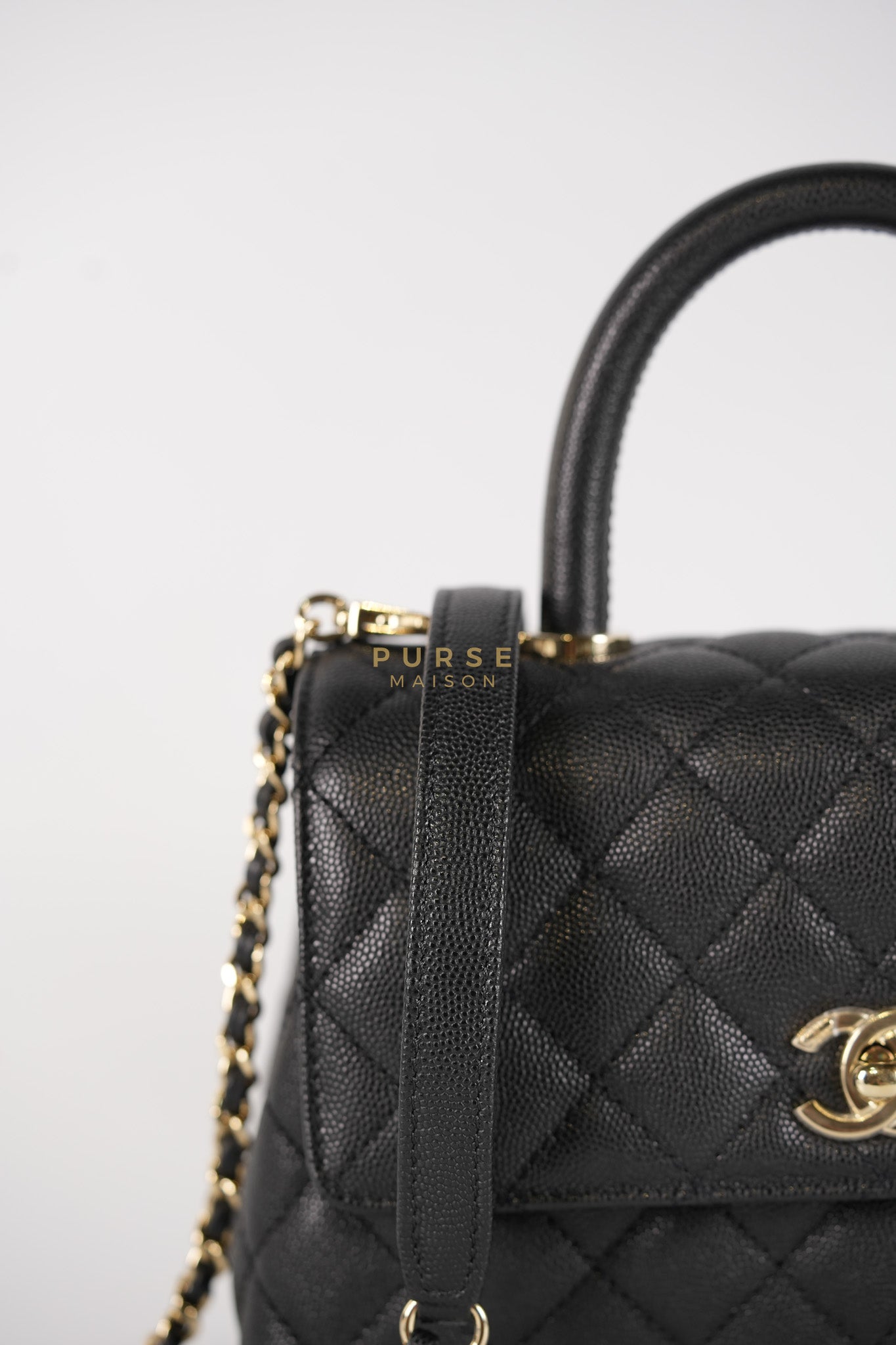 Coco Handle Small Black in Caviar Leather and Light Gold Hardware Microchip | Purse Maison Luxury Bags Shop