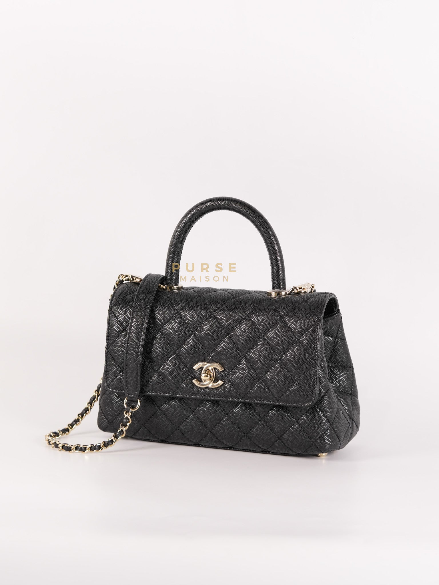 Coco Handle Small Black in Caviar Leather and Light Gold Hardware Microchip | Purse Maison Luxury Bags Shop