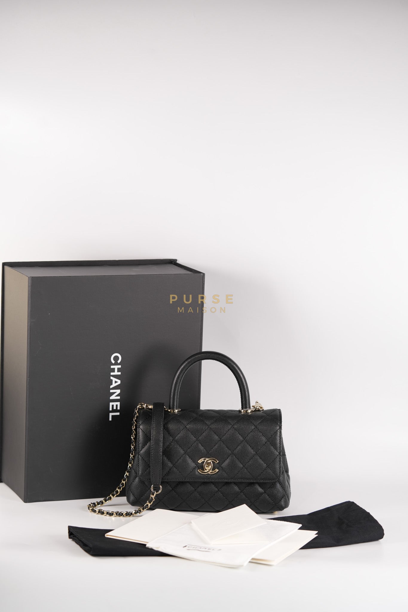 Coco Handle Small Black in Caviar Leather and Light Gold Hardware Microchip | Purse Maison Luxury Bags Shop