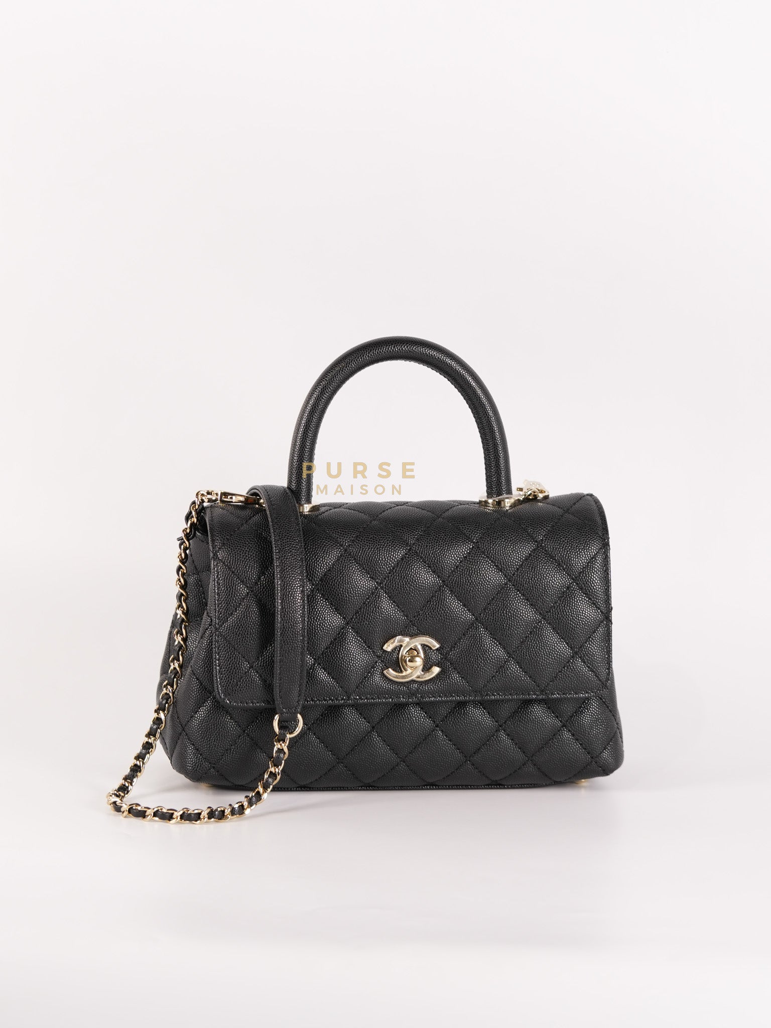 Coco Handle Small Black in Caviar Leather and Light Gold Hardware Microchip | Purse Maison Luxury Bags Shop