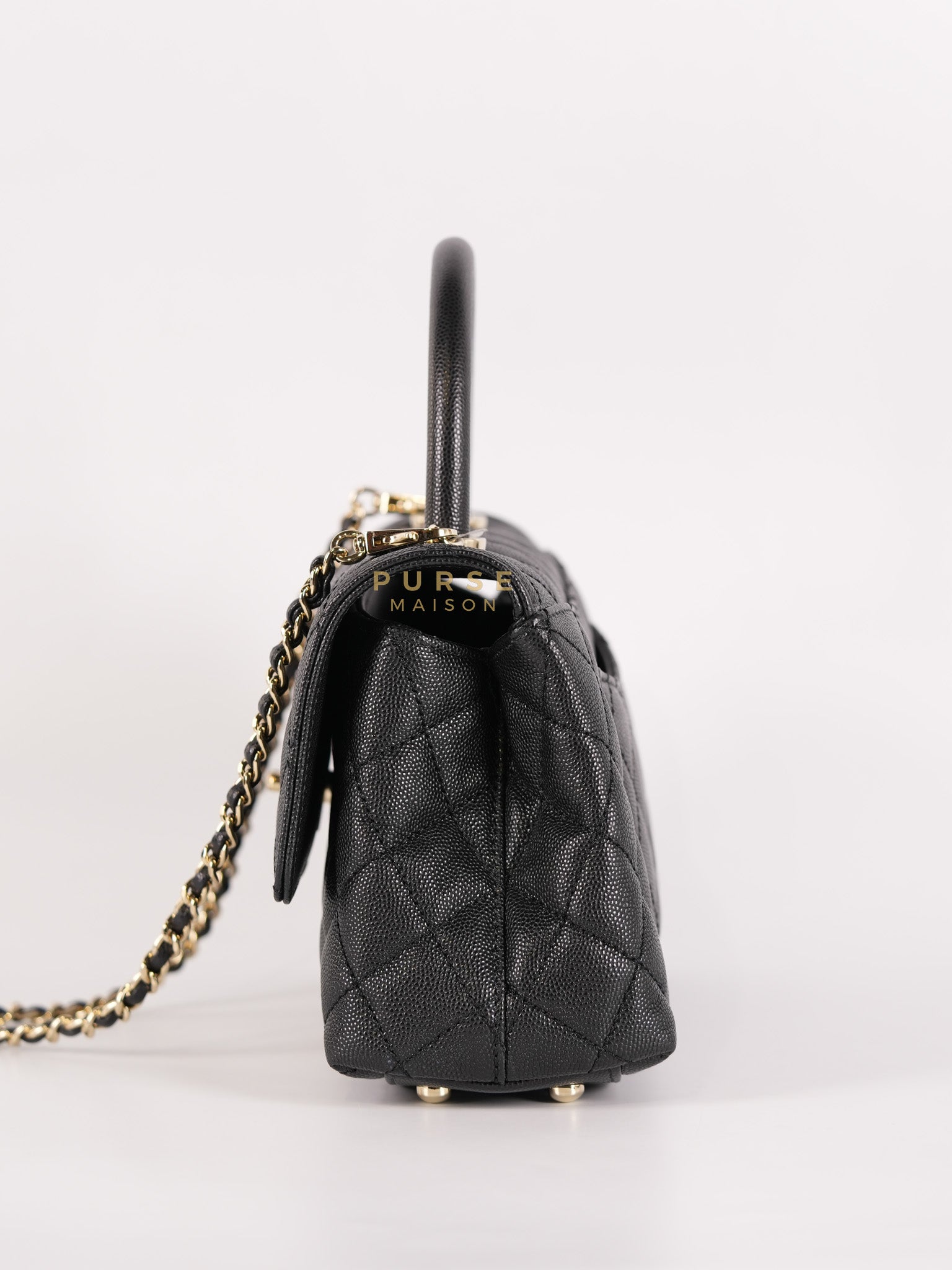 Coco Handle Small Black in Caviar Leather and Light Gold Hardware Microchip | Purse Maison Luxury Bags Shop