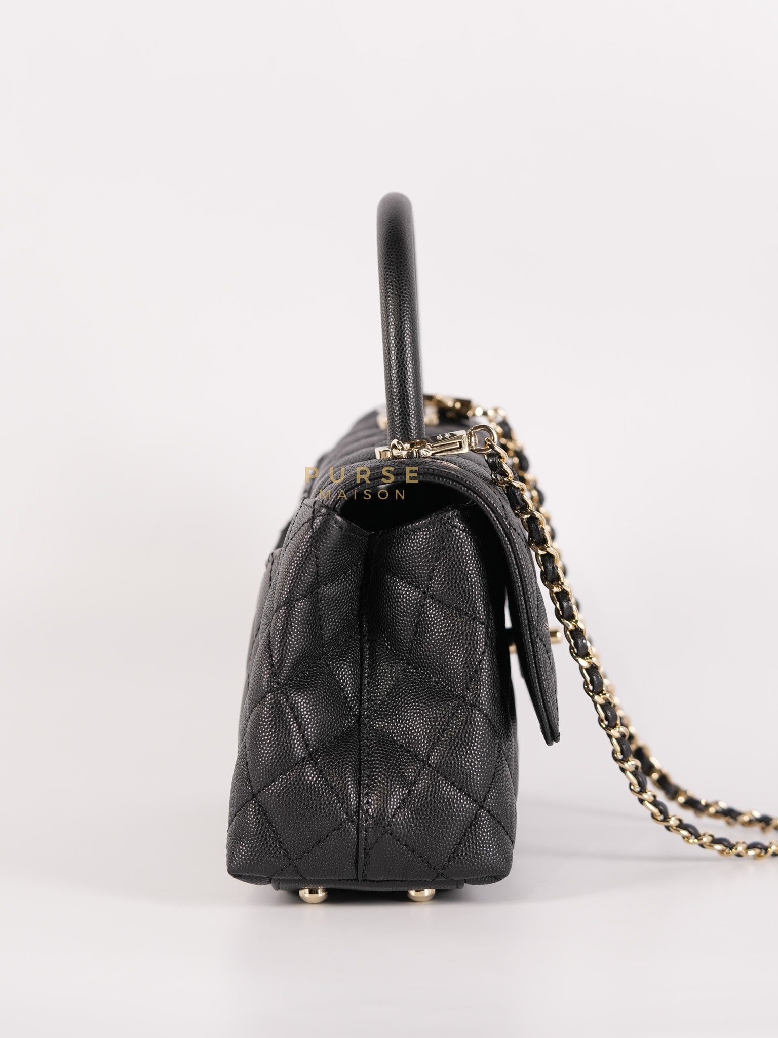Coco Handle Small Black in Caviar Leather and Light Gold Hardware Microchip | Purse Maison Luxury Bags Shop