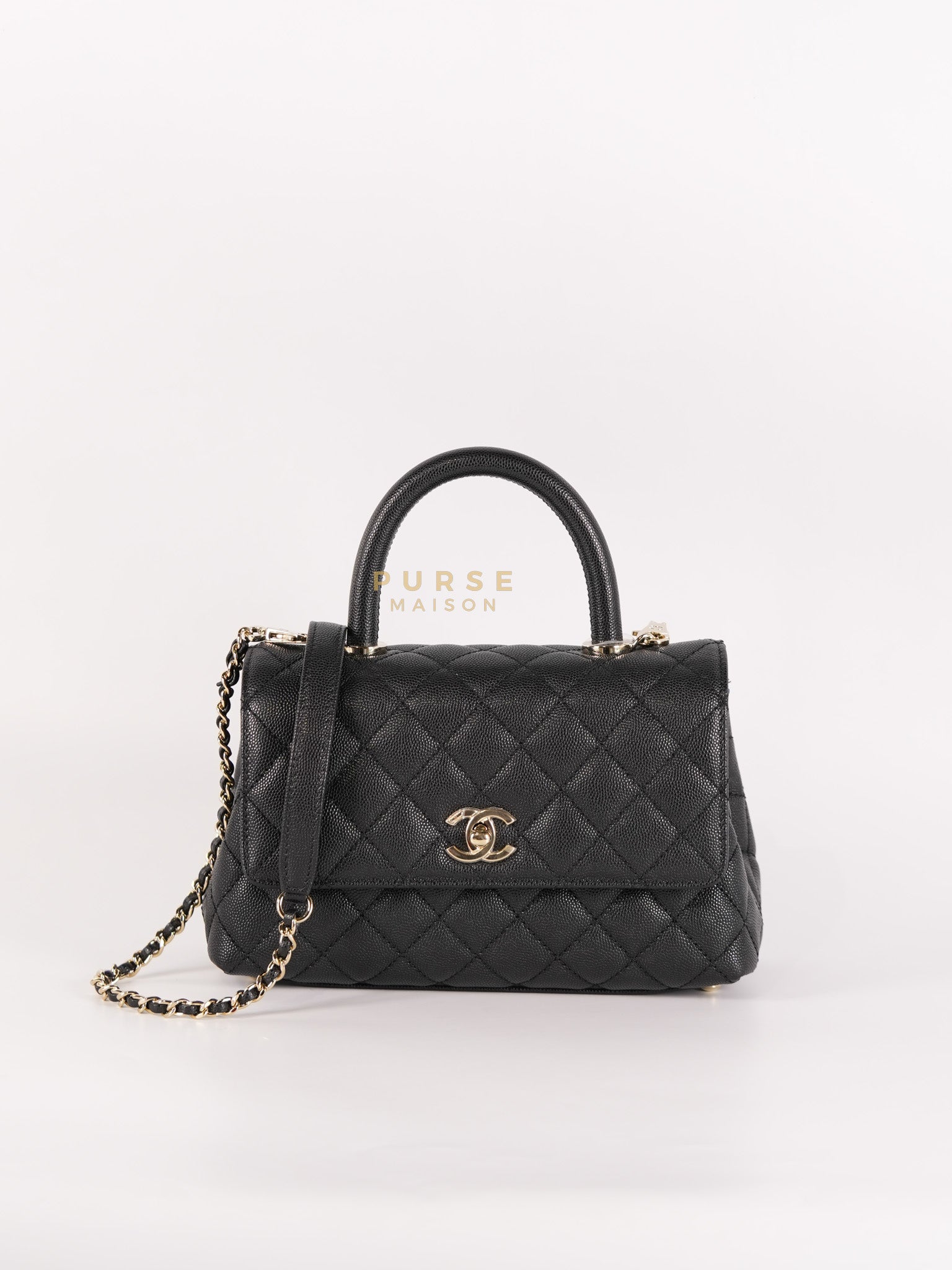 Coco Handle Small Black in Caviar Leather and Light Gold Hardware Microchip | Purse Maison Luxury Bags Shop