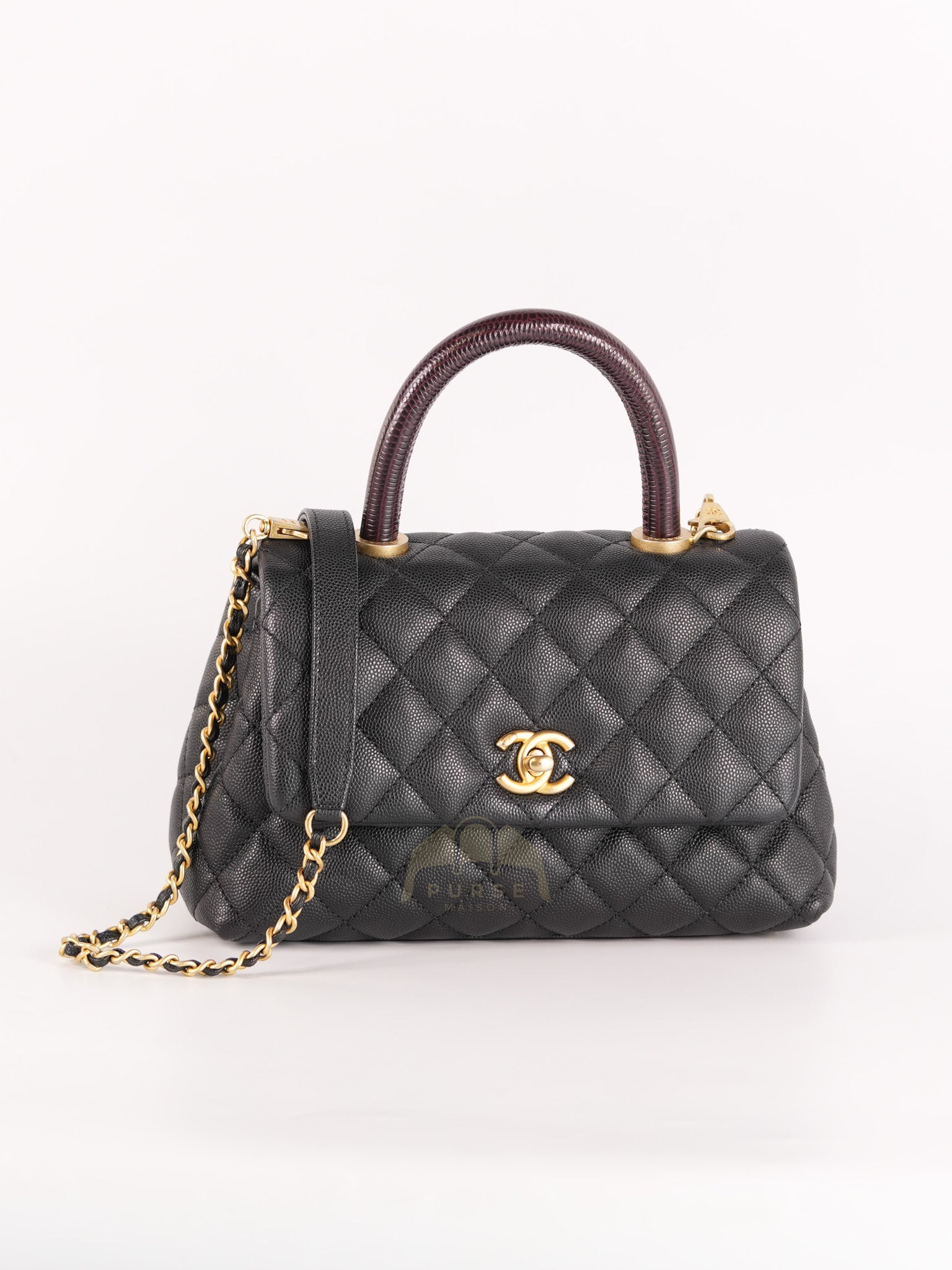 Coco Handle Small Black in Quilted Caviar Leather Lizard Top Handle and Aged Gold Hardware Series 29 | Purse Maison Luxury Bags Shop