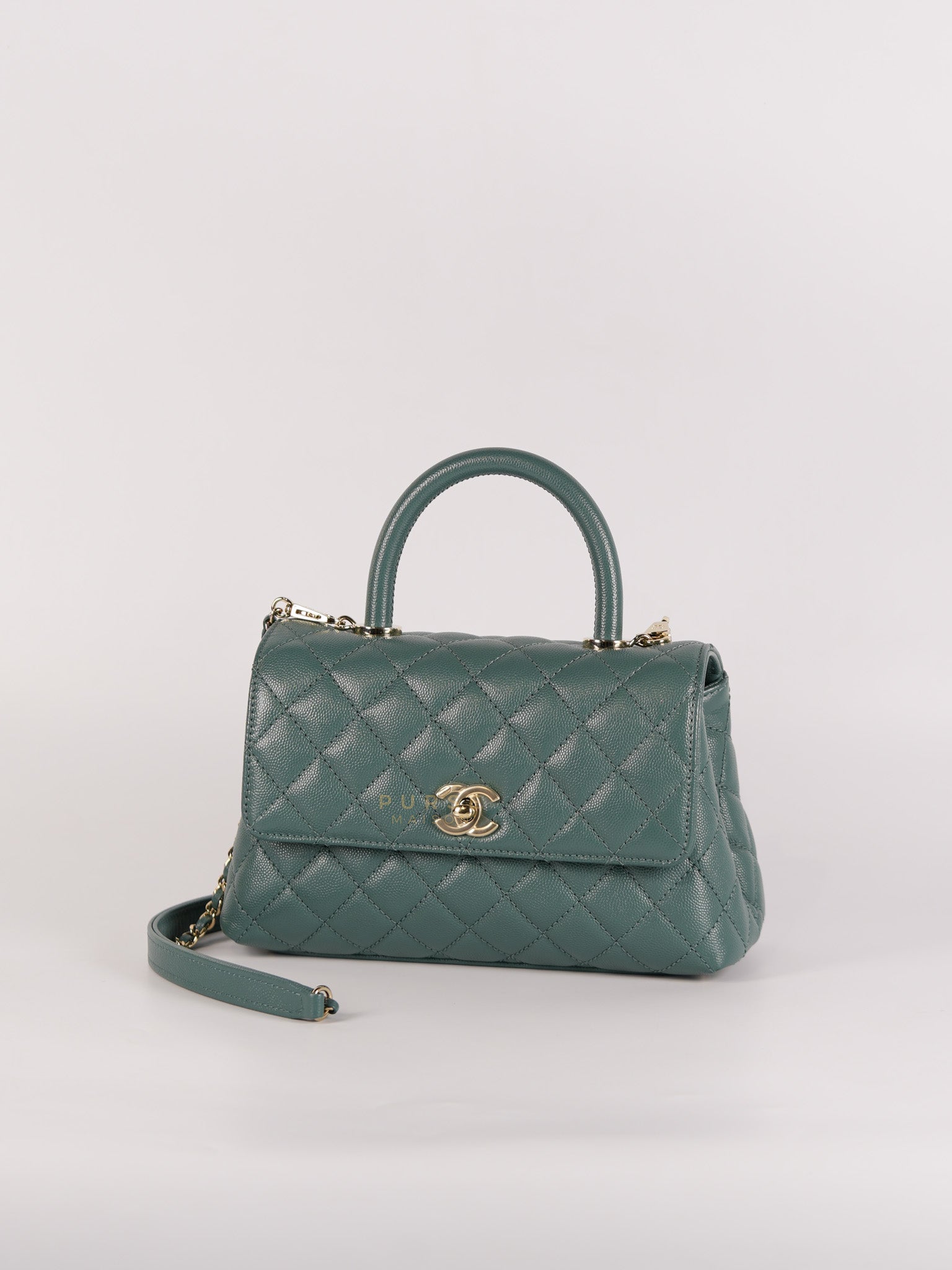 Coco Handle Small Blue Green Caviar Leather and Light Gold Hardware (Microchip) | Purse Maison Luxury Bags Shop