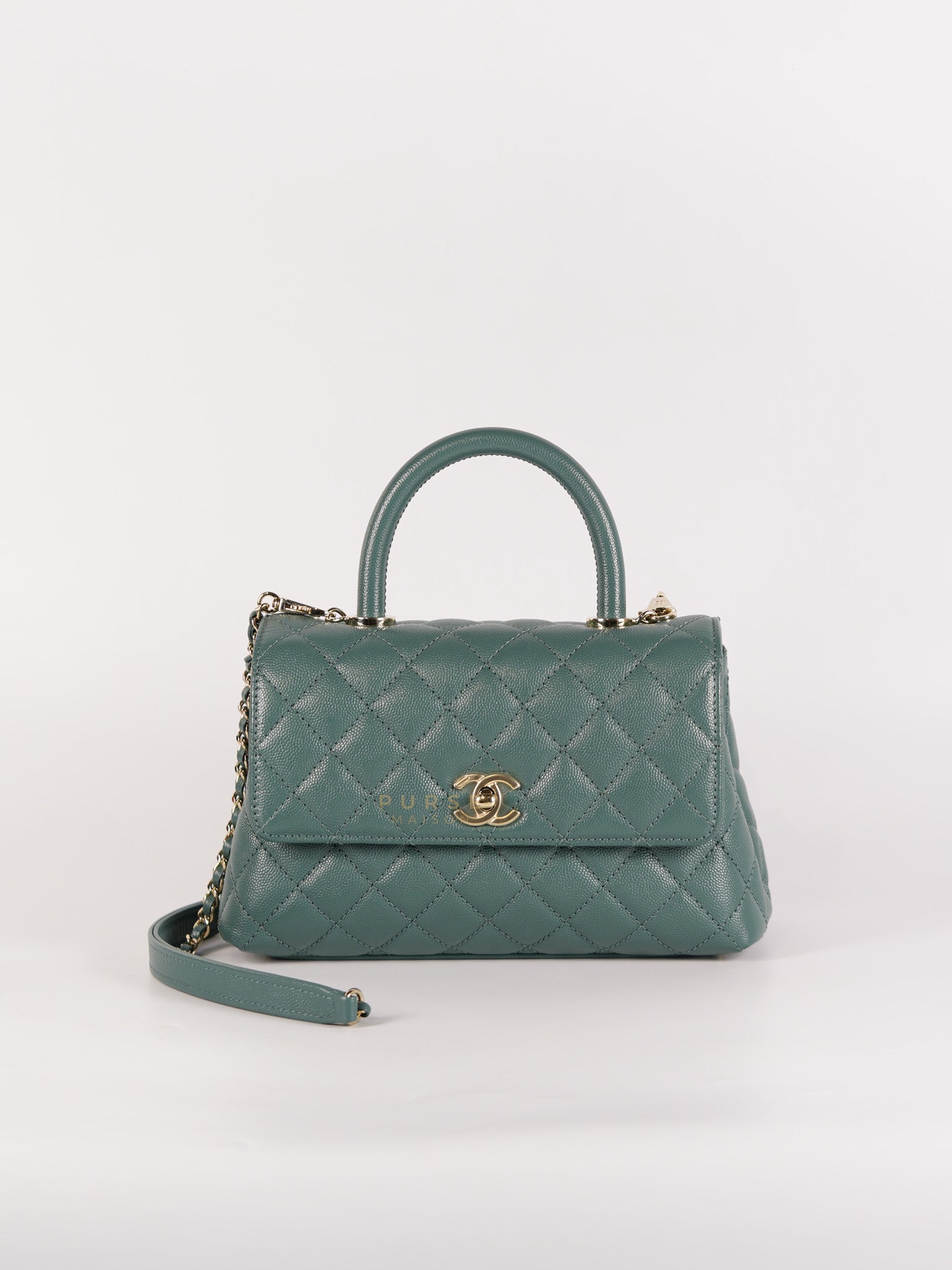 Coco Handle Small Blue Green Caviar Leather and Light Gold Hardware (Microchip) | Purse Maison Luxury Bags Shop