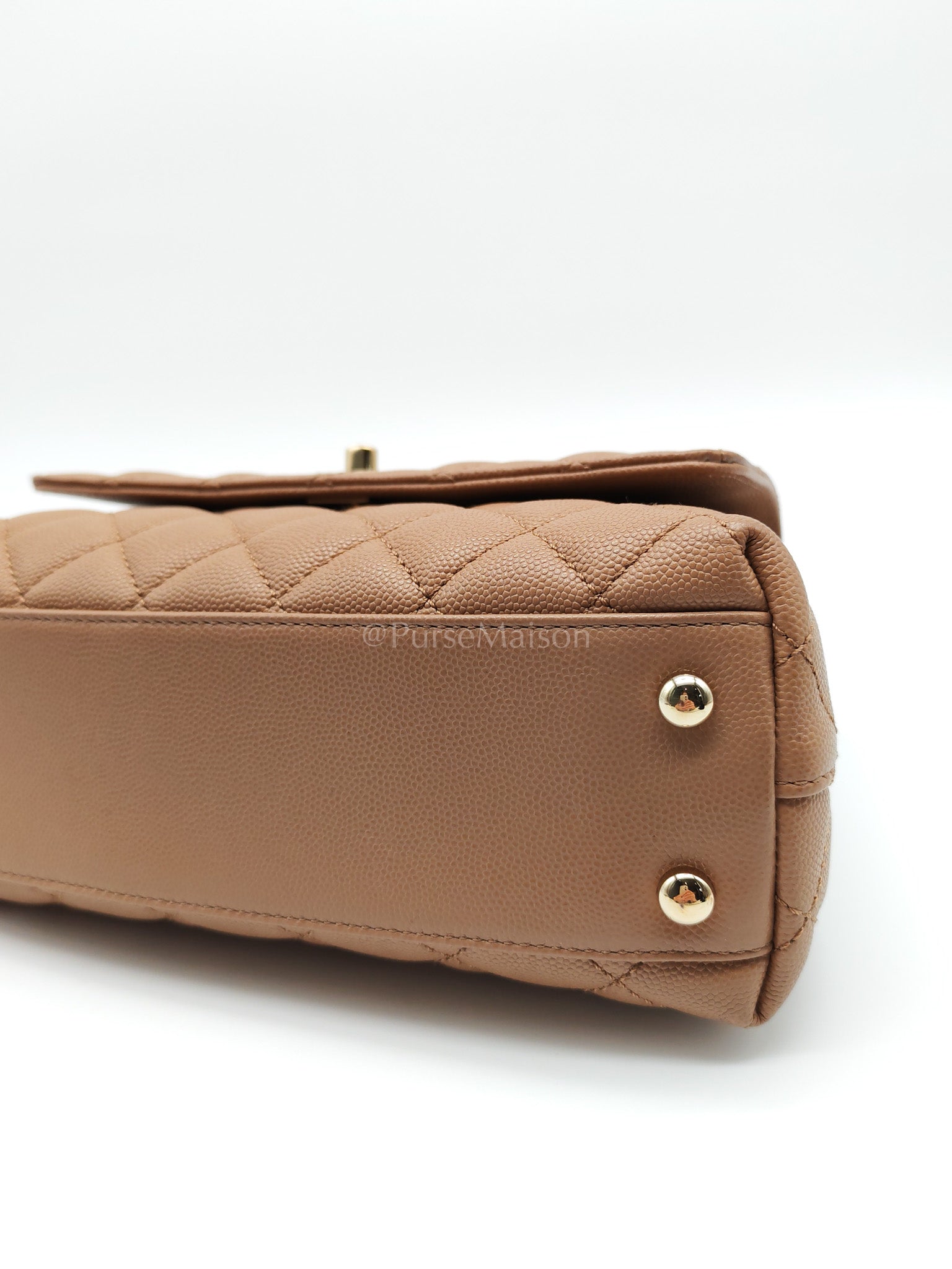 Coco Handle Small Dark Beige Caviar Leather in Light Gold Hardware (Microchip) | Purse Maison Luxury Bags Shop