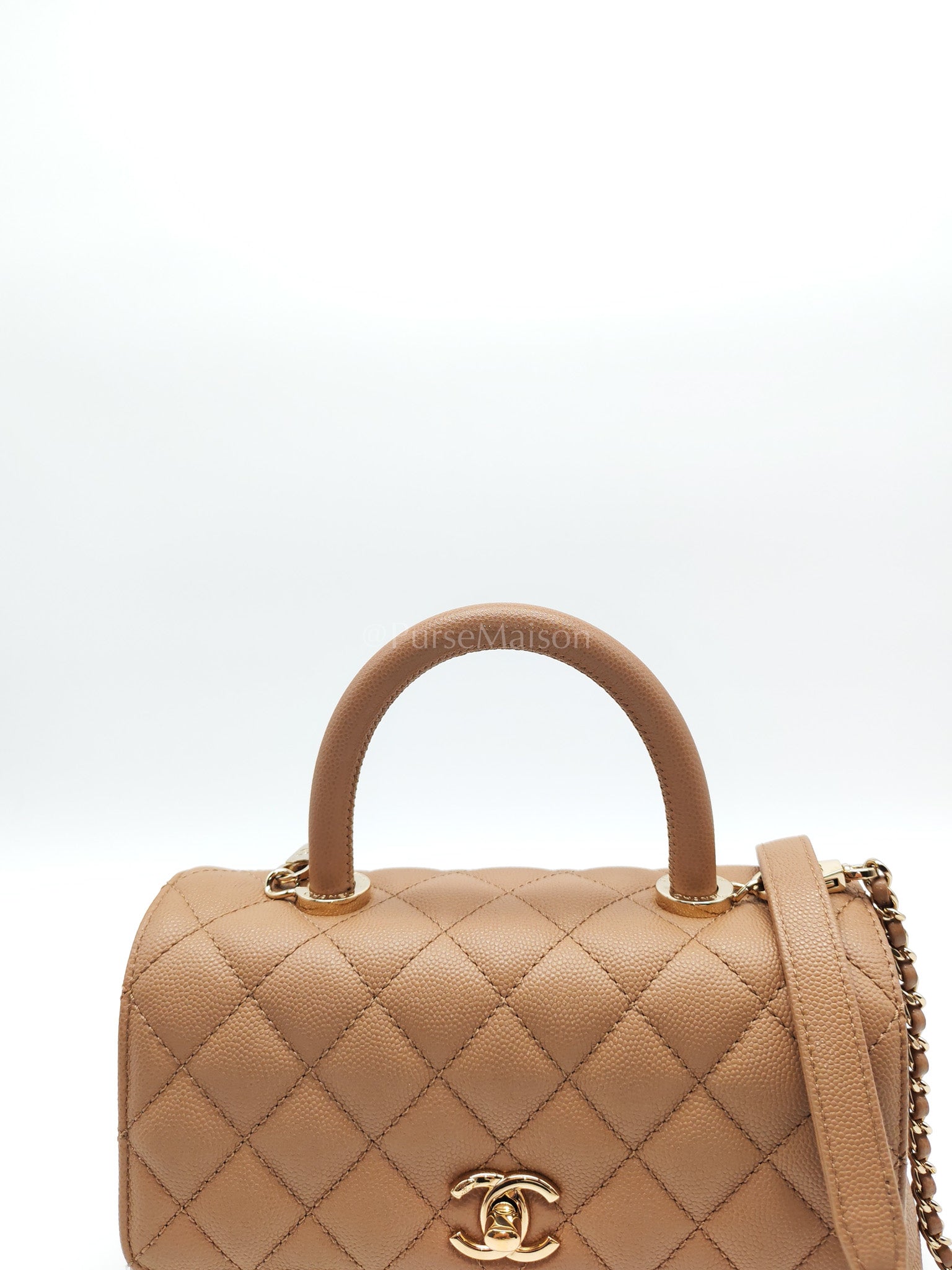 Coco Handle Small Dark Beige Caviar Leather in Light Gold Hardware (Microchip) | Purse Maison Luxury Bags Shop