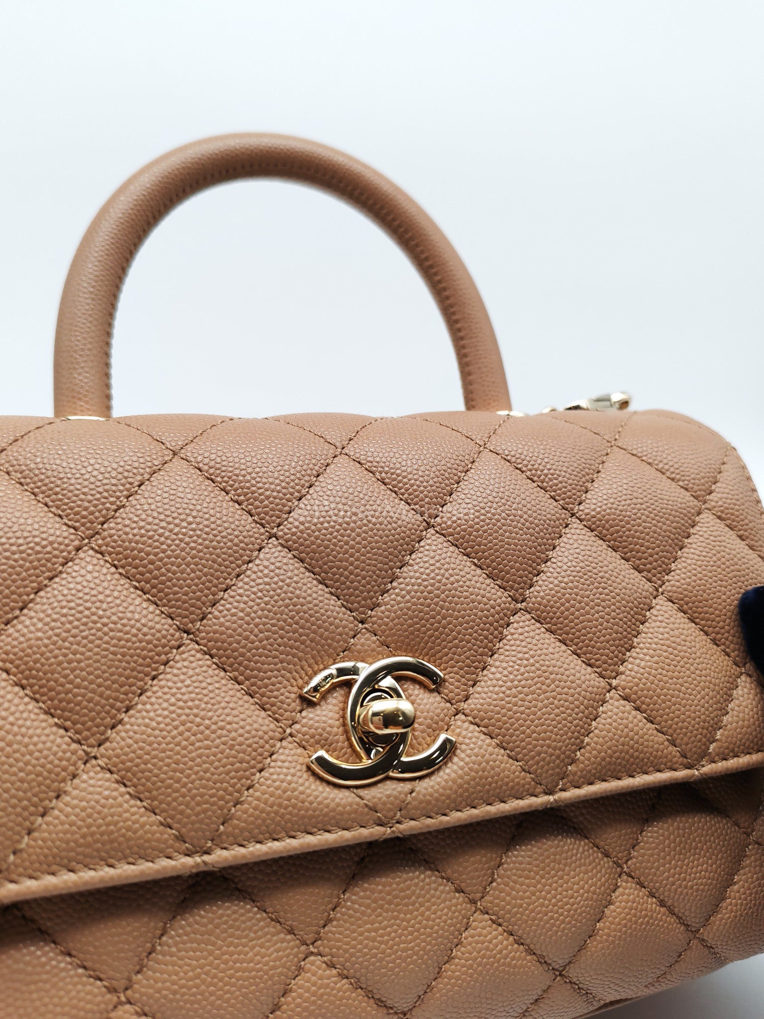 Coco Handle Small Dark Beige Caviar Leather in Light Gold Hardware (Microchip) | Purse Maison Luxury Bags Shop