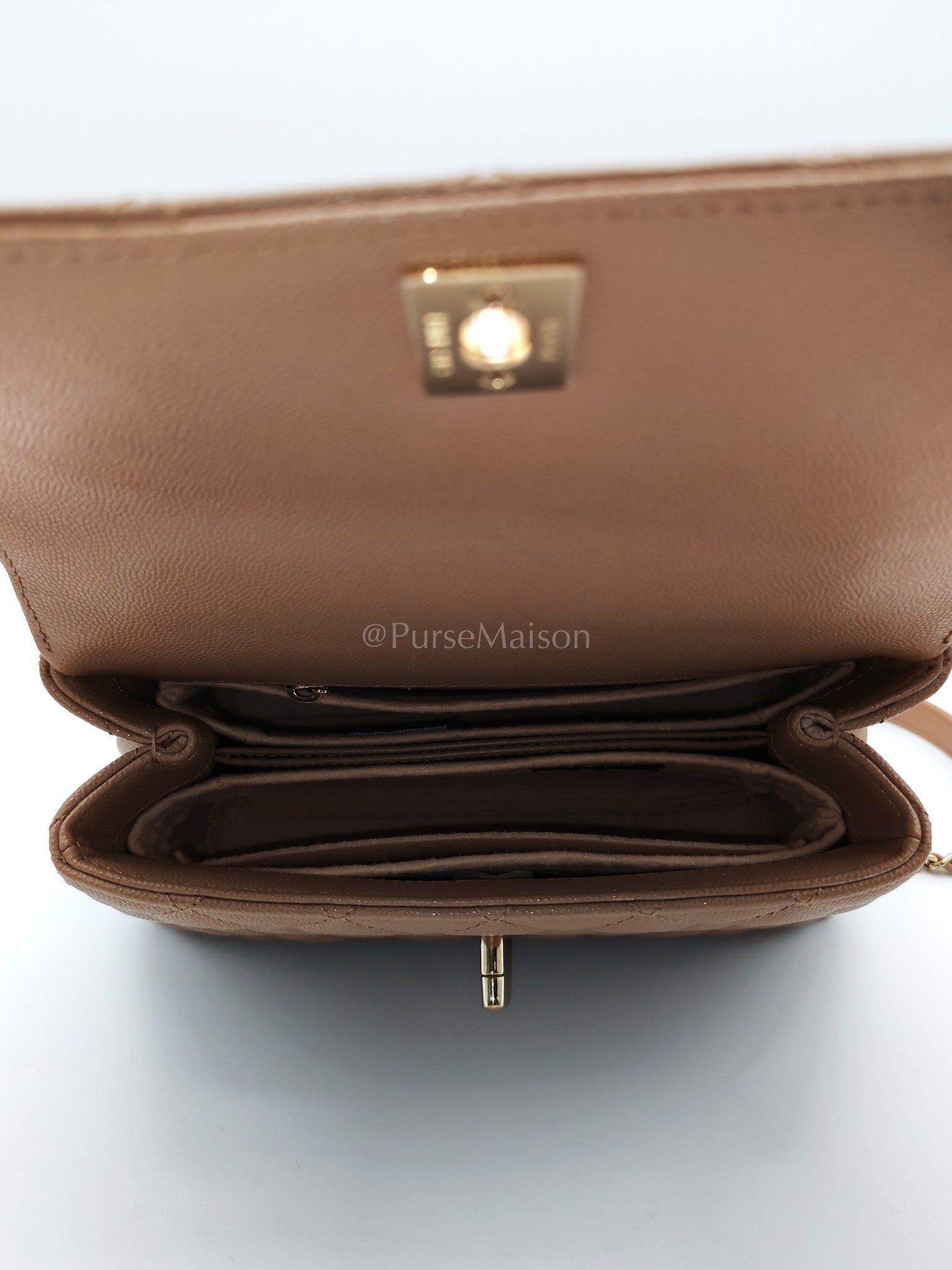 Coco Handle Small Dark Beige Caviar Leather in Light Gold Hardware (Microchip) | Purse Maison Luxury Bags Shop