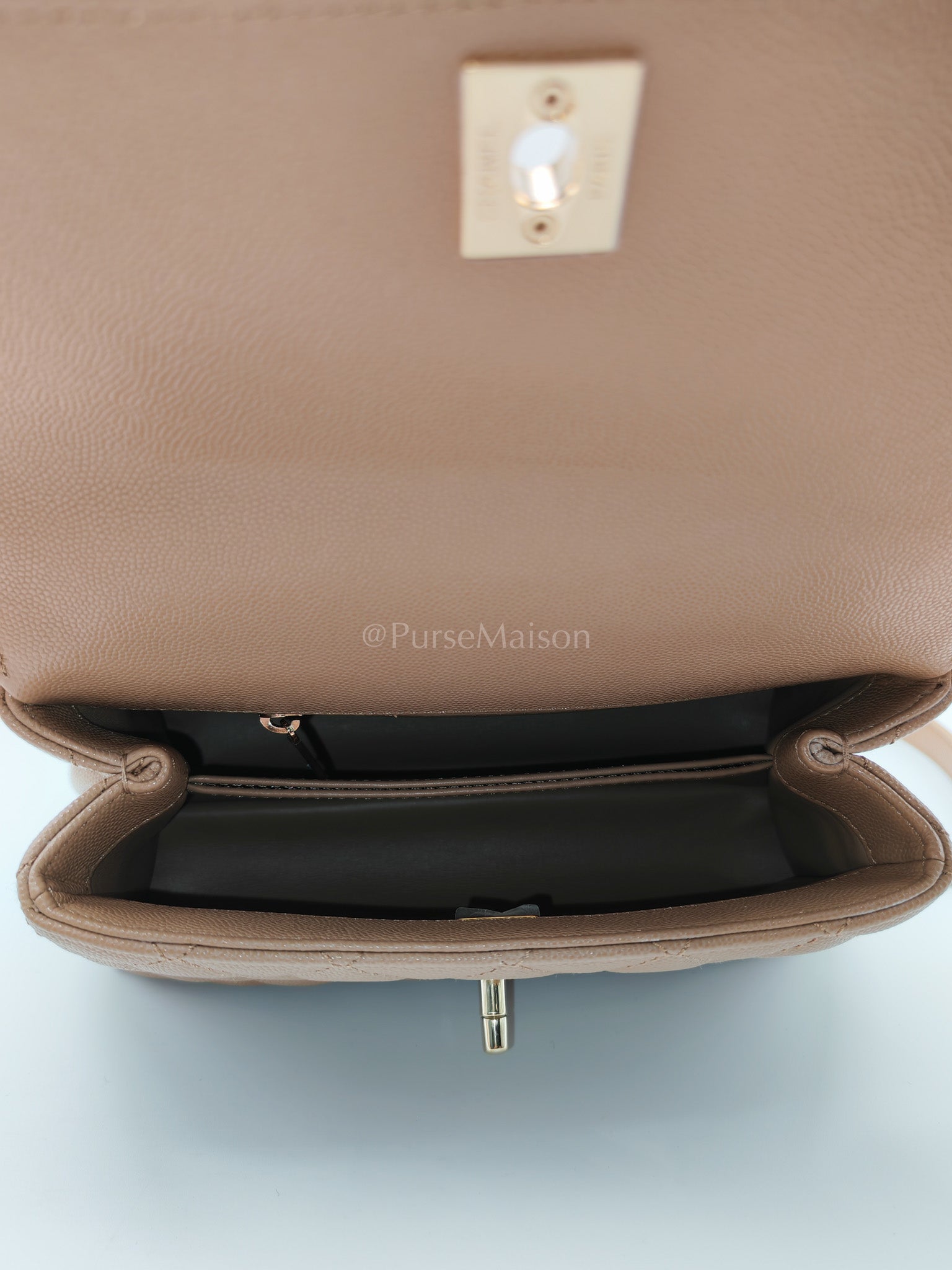 Coco Handle Small Dark Beige Caviar Leather in Light Gold Hardware (Microchip) | Purse Maison Luxury Bags Shop