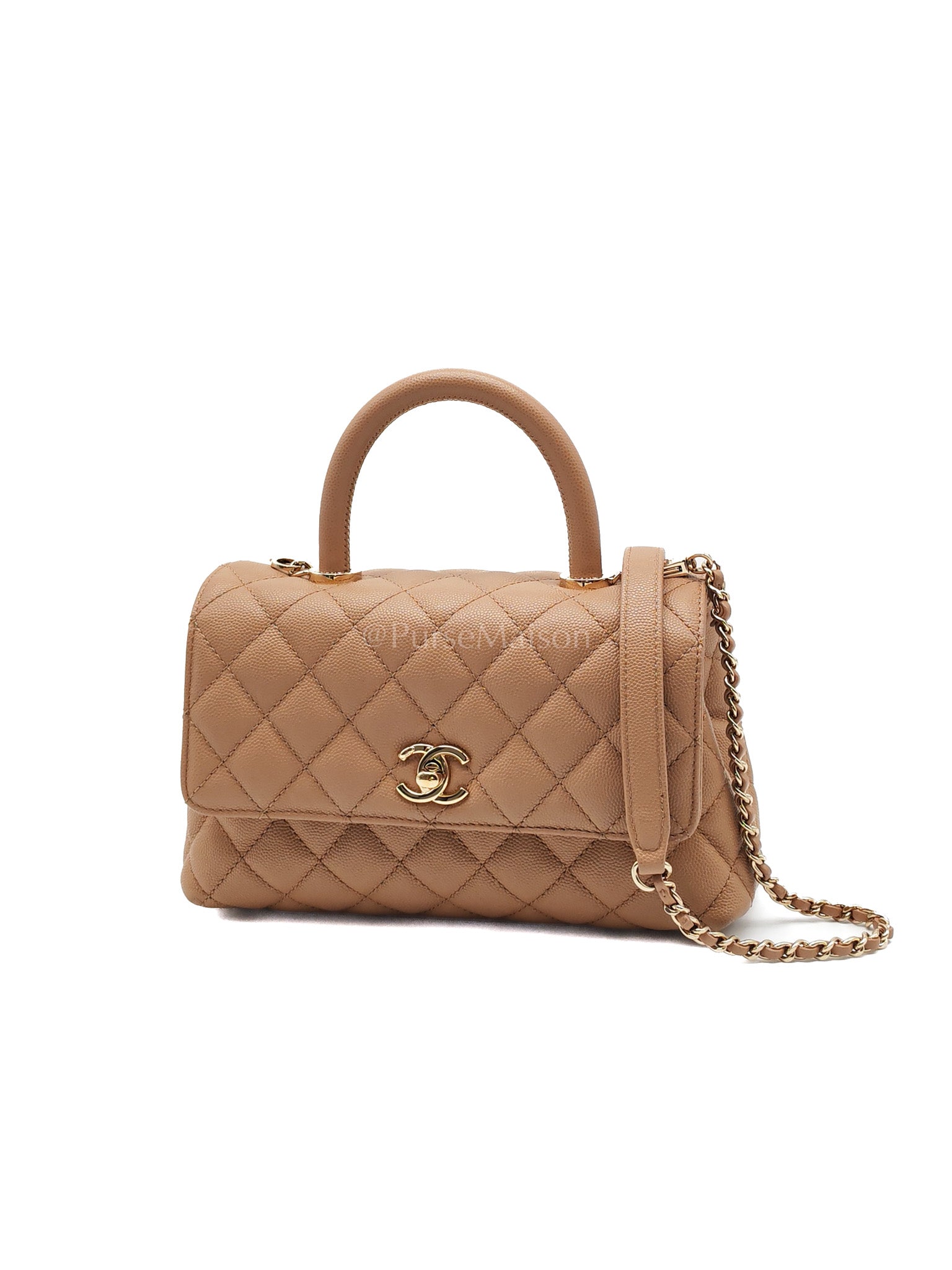 Coco Handle Small Dark Beige Caviar Leather in Light Gold Hardware (Microchip) | Purse Maison Luxury Bags Shop