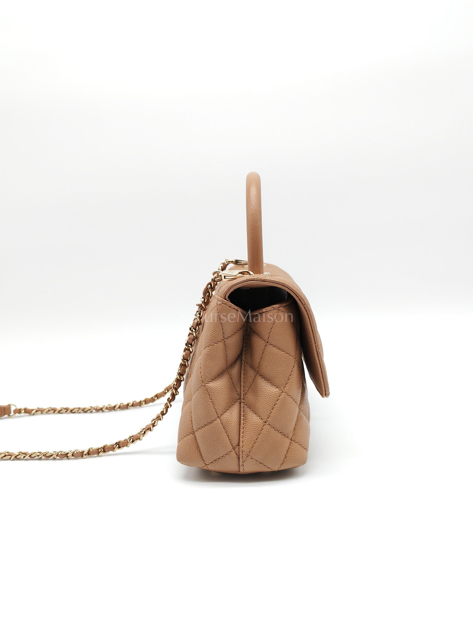 Coco Handle Small Dark Beige Caviar Leather in Light Gold Hardware (Microchip) | Purse Maison Luxury Bags Shop