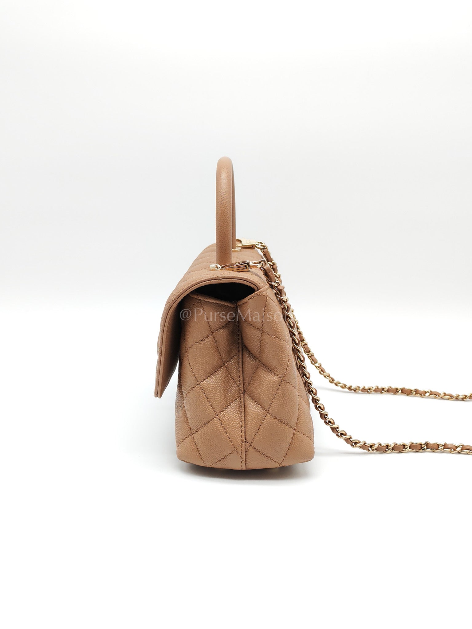 Coco Handle Small Dark Beige Caviar Leather in Light Gold Hardware (Microchip) | Purse Maison Luxury Bags Shop