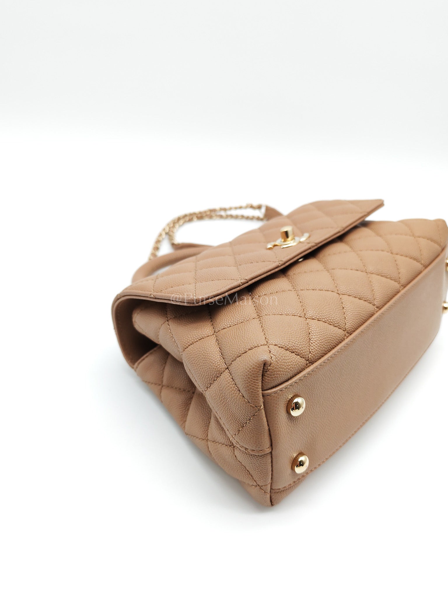 Coco Handle Small Dark Beige Caviar Leather in Light Gold Hardware (Microchip) | Purse Maison Luxury Bags Shop