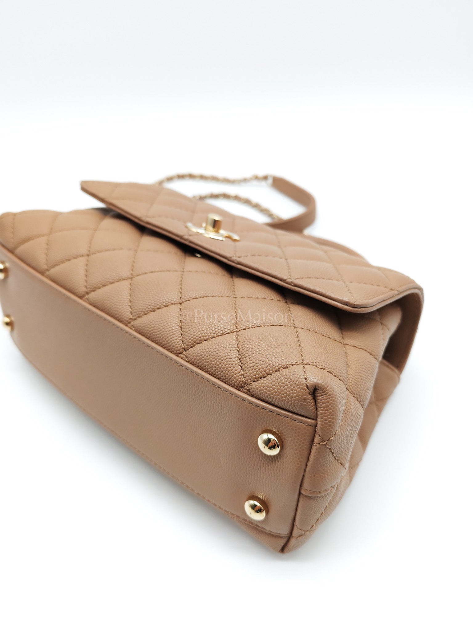 Coco Handle Small Dark Beige Caviar Leather in Light Gold Hardware (Microchip) | Purse Maison Luxury Bags Shop