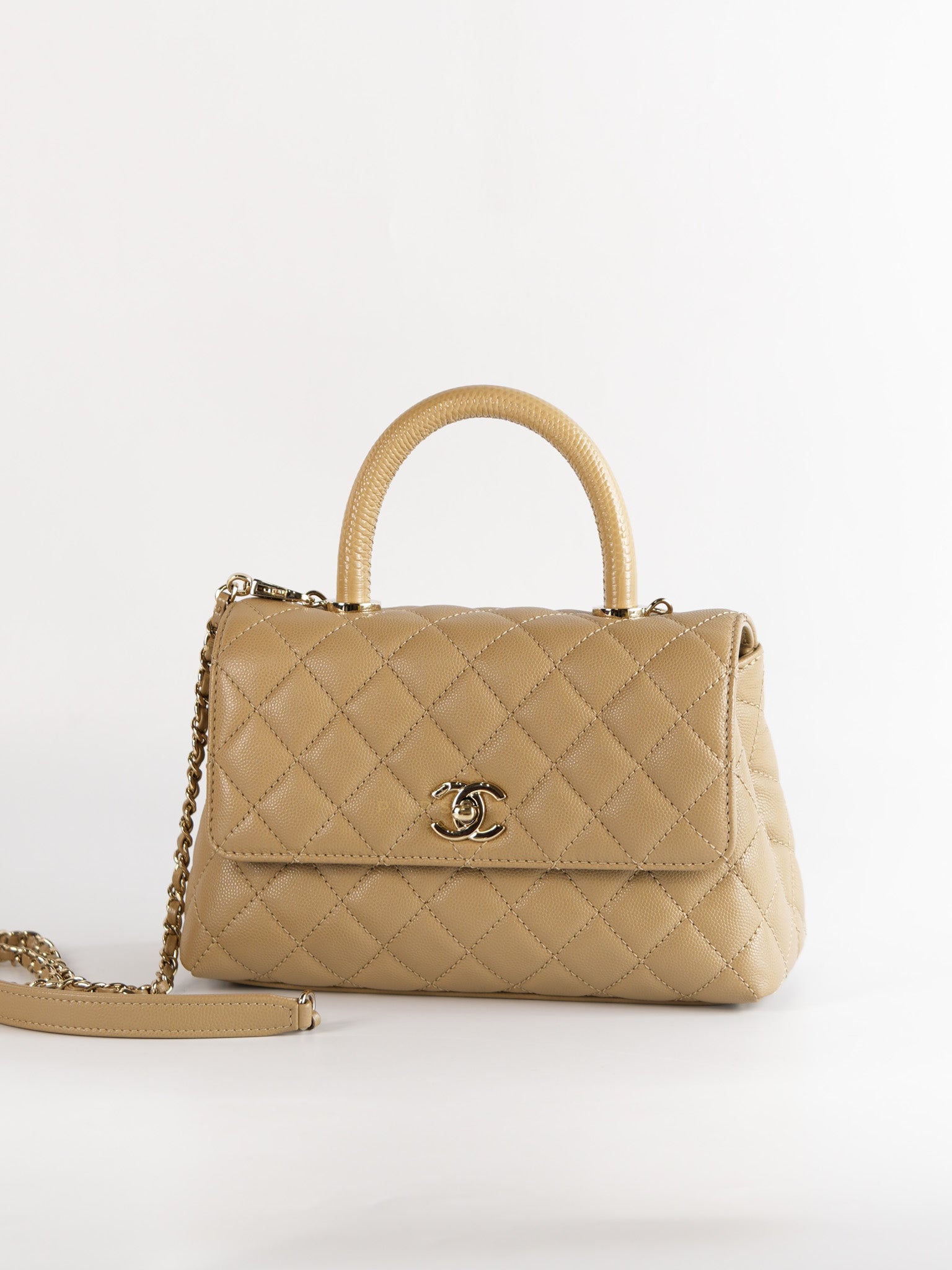 Coco Handle Small in Beige Caviar Leather White Gold Hardware(Microchip) | Purse Maison Luxury Bags Shop