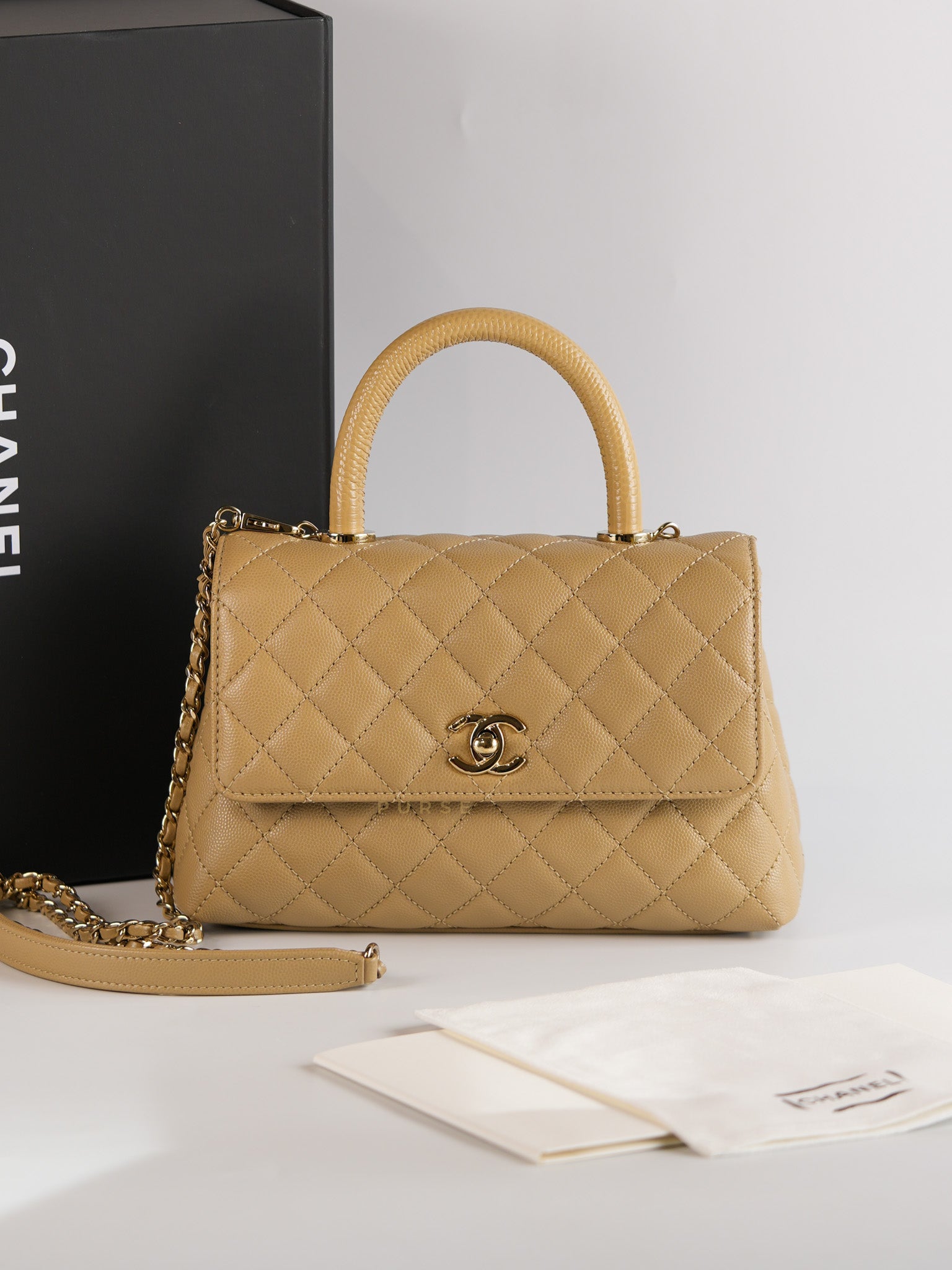 Coco Handle Small in Beige Caviar Leather White Gold Hardware(Microchip) | Purse Maison Luxury Bags Shop