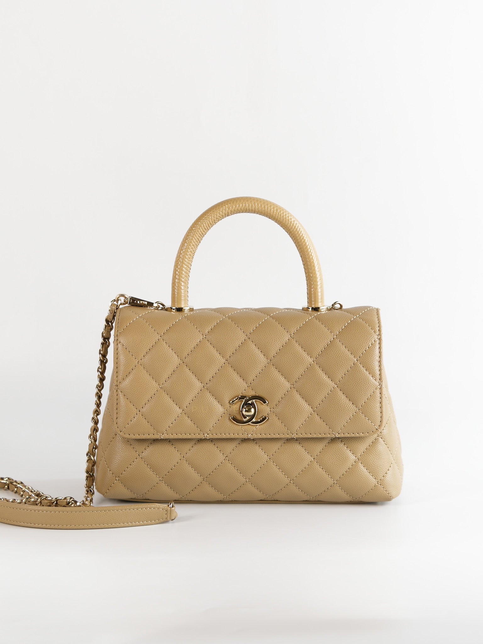 Coco Handle Small in Beige Caviar Leather White Gold Hardware(Microchip) | Purse Maison Luxury Bags Shop