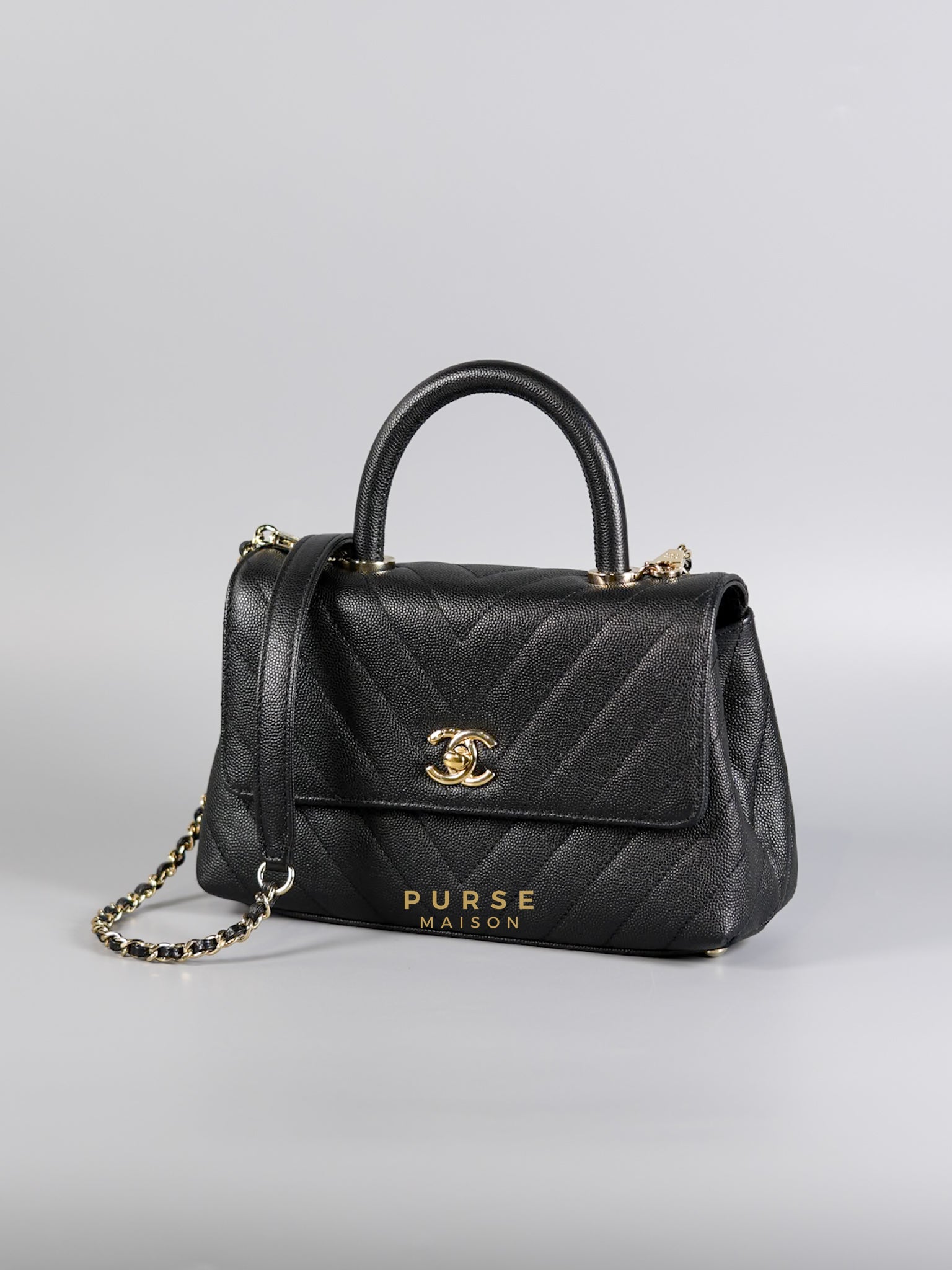 Coco Handle Small in Black Caviar Chevron Leather and Light Gold Hardware Series 29 | Purse Maison Luxury Bags Shop