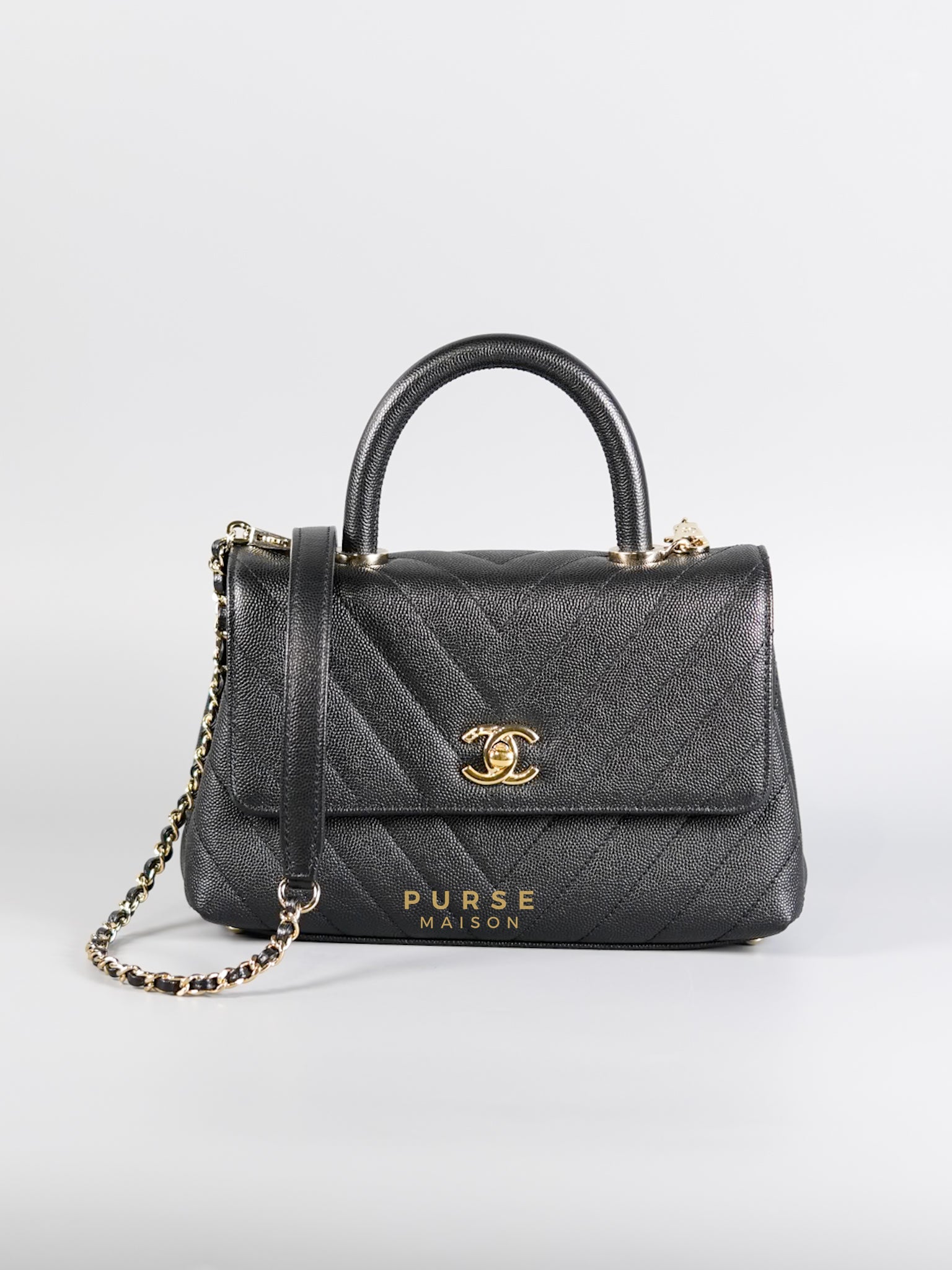 Coco Handle Small in Black Caviar Chevron Leather and Light Gold Hardware Series 29 | Purse Maison Luxury Bags Shop