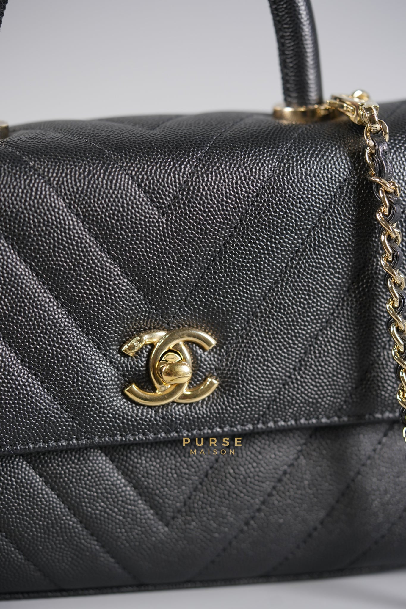 Coco Handle Small in Black Caviar Chevron Leather and Light Gold Hardware Series 29 | Purse Maison Luxury Bags Shop