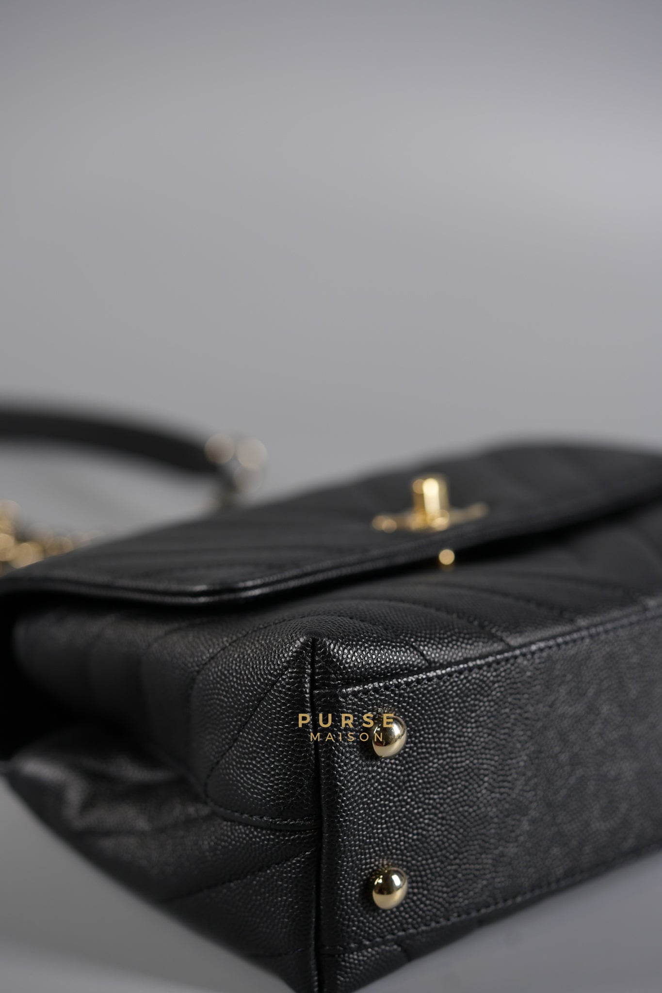 Coco Handle Small in Black Caviar Chevron Leather and Light Gold Hardware Series 29 | Purse Maison Luxury Bags Shop