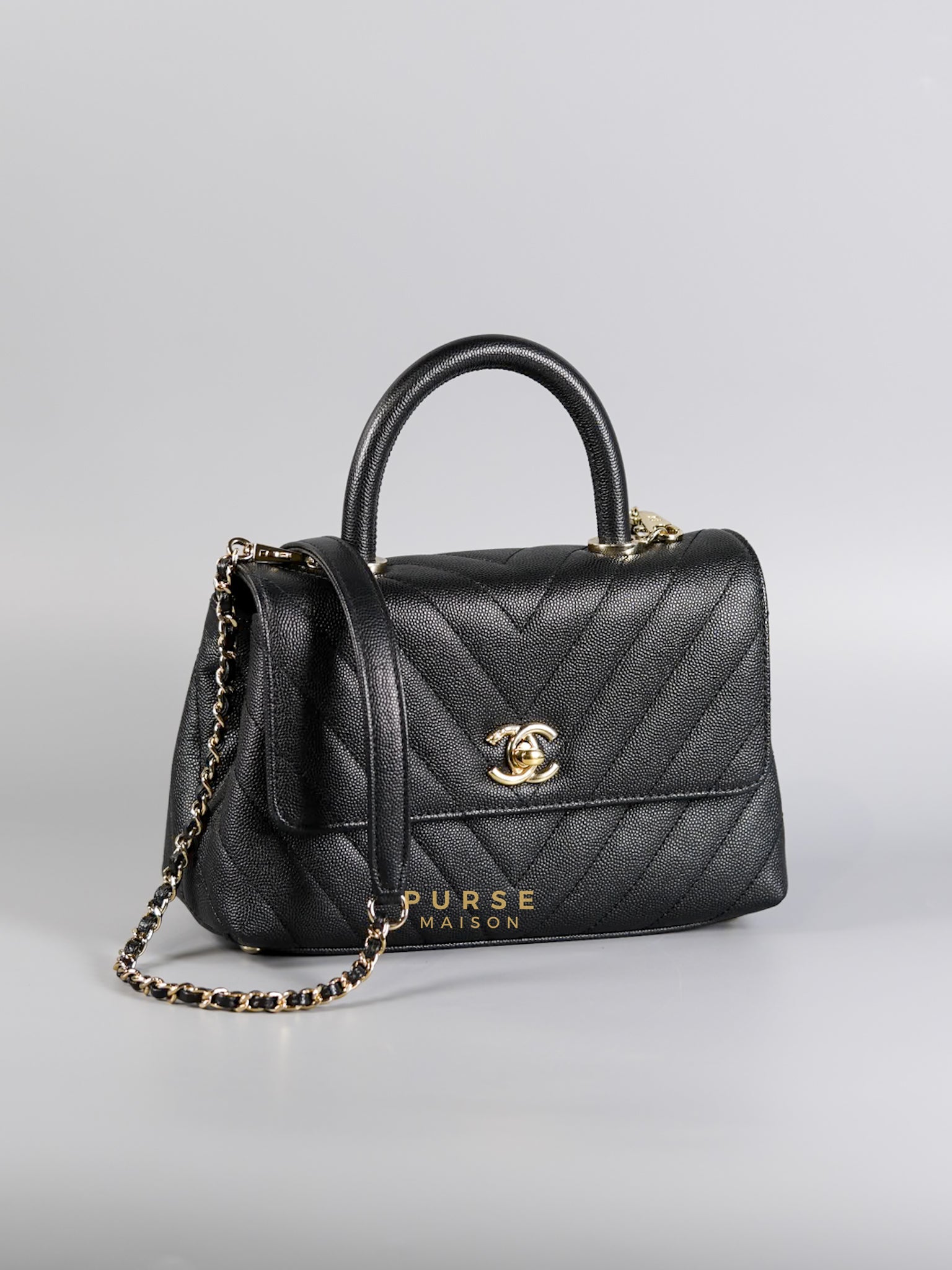 Coco Handle Small in Black Caviar Chevron Leather and Light Gold Hardware Series 29 | Purse Maison Luxury Bags Shop