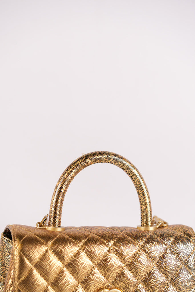 Coco Handle Small in Gold Quilted Caviar Leather and Aged Gold Hardware (Series 28) | Purse Maison Luxury Bags Shop