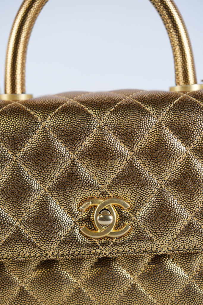 Coco Handle Small in Gold Quilted Caviar Leather and Aged Gold Hardware (Series 28) | Purse Maison Luxury Bags Shop