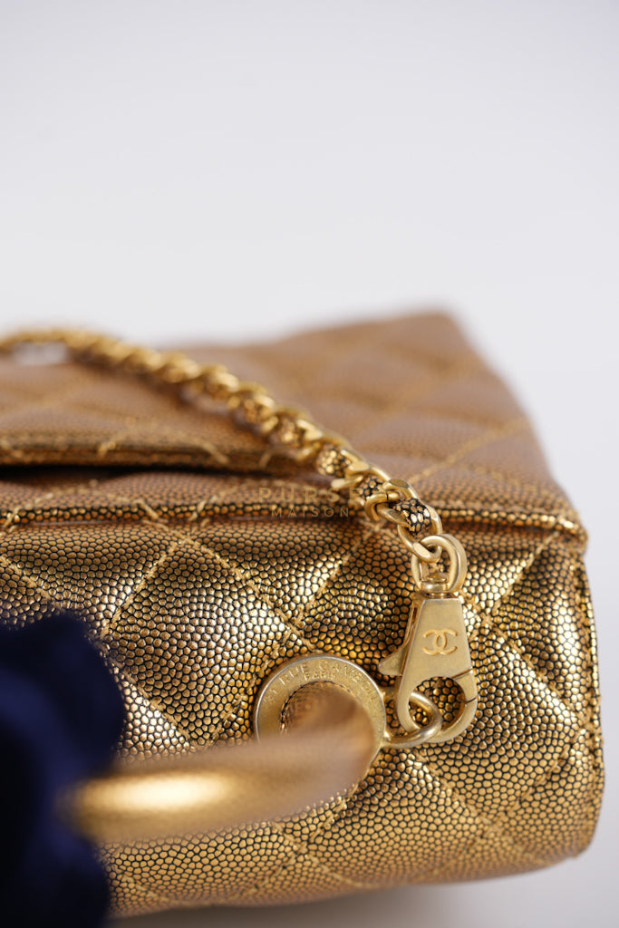Coco Handle Small in Gold Quilted Caviar Leather and Aged Gold Hardware (Series 28) | Purse Maison Luxury Bags Shop