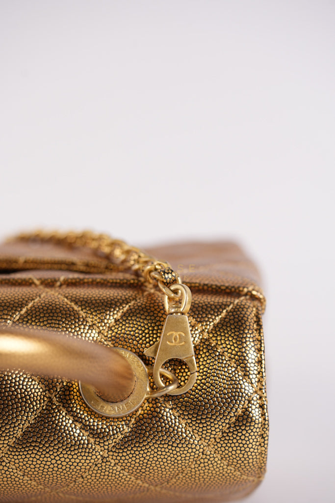 Coco Handle Small in Gold Quilted Caviar Leather and Aged Gold Hardware (Series 28) | Purse Maison Luxury Bags Shop