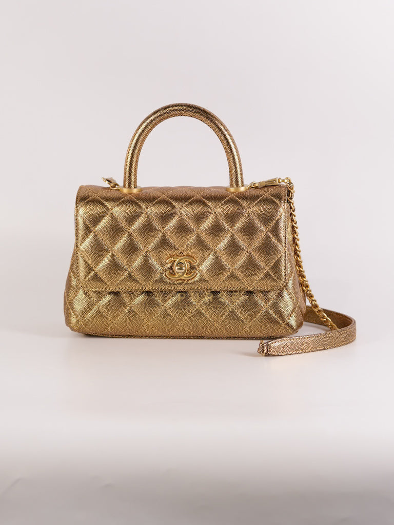 Coco Handle Small in Gold Quilted Caviar Leather and Aged Gold Hardware (Series 28) | Purse Maison Luxury Bags Shop