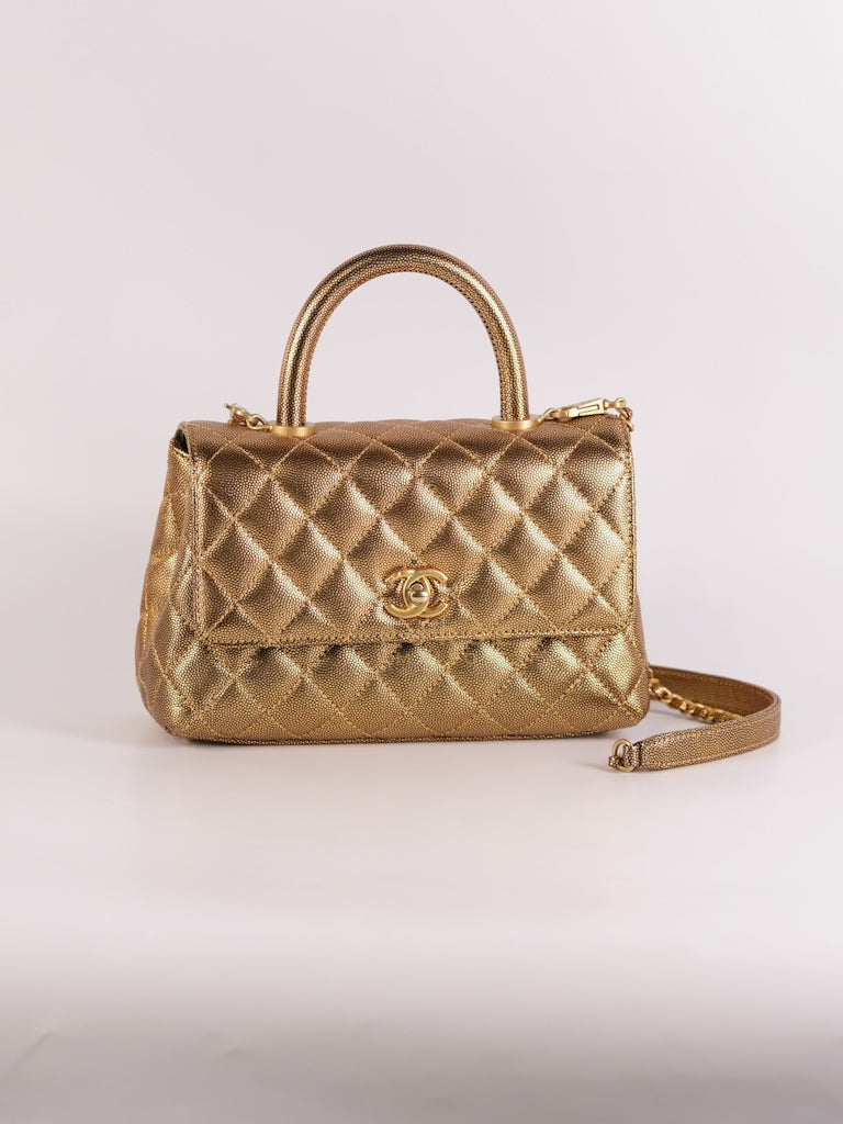 Coco Handle Small in Gold Quilted Caviar Leather and Aged Gold Hardware (Series 28) | Purse Maison Luxury Bags Shop