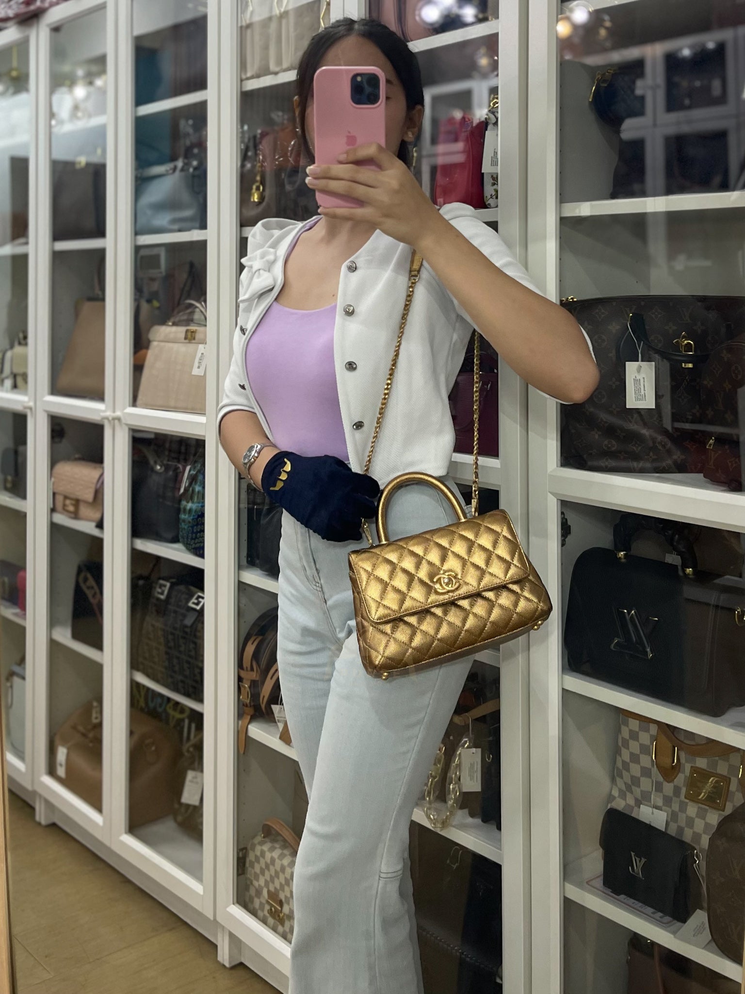 Coco Handle Small in Gold Quilted Caviar Leather and Aged Gold Hardware (Series 28) | Purse Maison Luxury Bags Shop