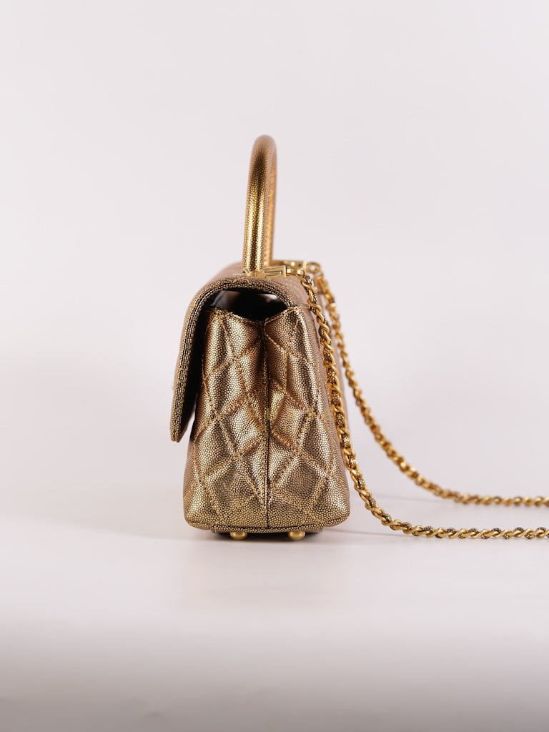 Coco Handle Small in Gold Quilted Caviar Leather and Aged Gold Hardware (Series 28) | Purse Maison Luxury Bags Shop
