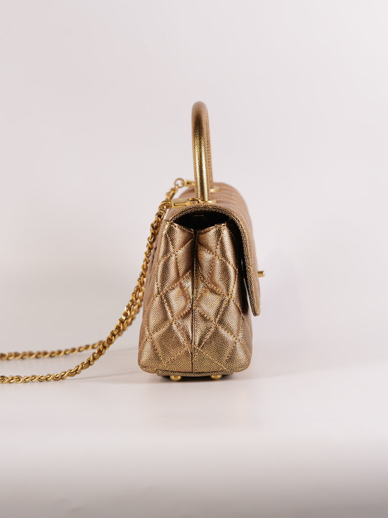 Coco Handle Small in Gold Quilted Caviar Leather and Aged Gold Hardware (Series 28) | Purse Maison Luxury Bags Shop