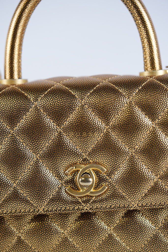 Coco Handle Small in Gold Quilted Caviar Leather and Aged Gold Hardware (Series 28) | Purse Maison Luxury Bags Shop