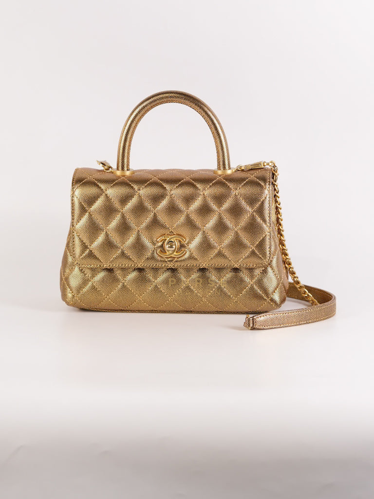 Coco Handle Small in Gold Quilted Caviar Leather and Aged Gold Hardware (Series 28) | Purse Maison Luxury Bags Shop
