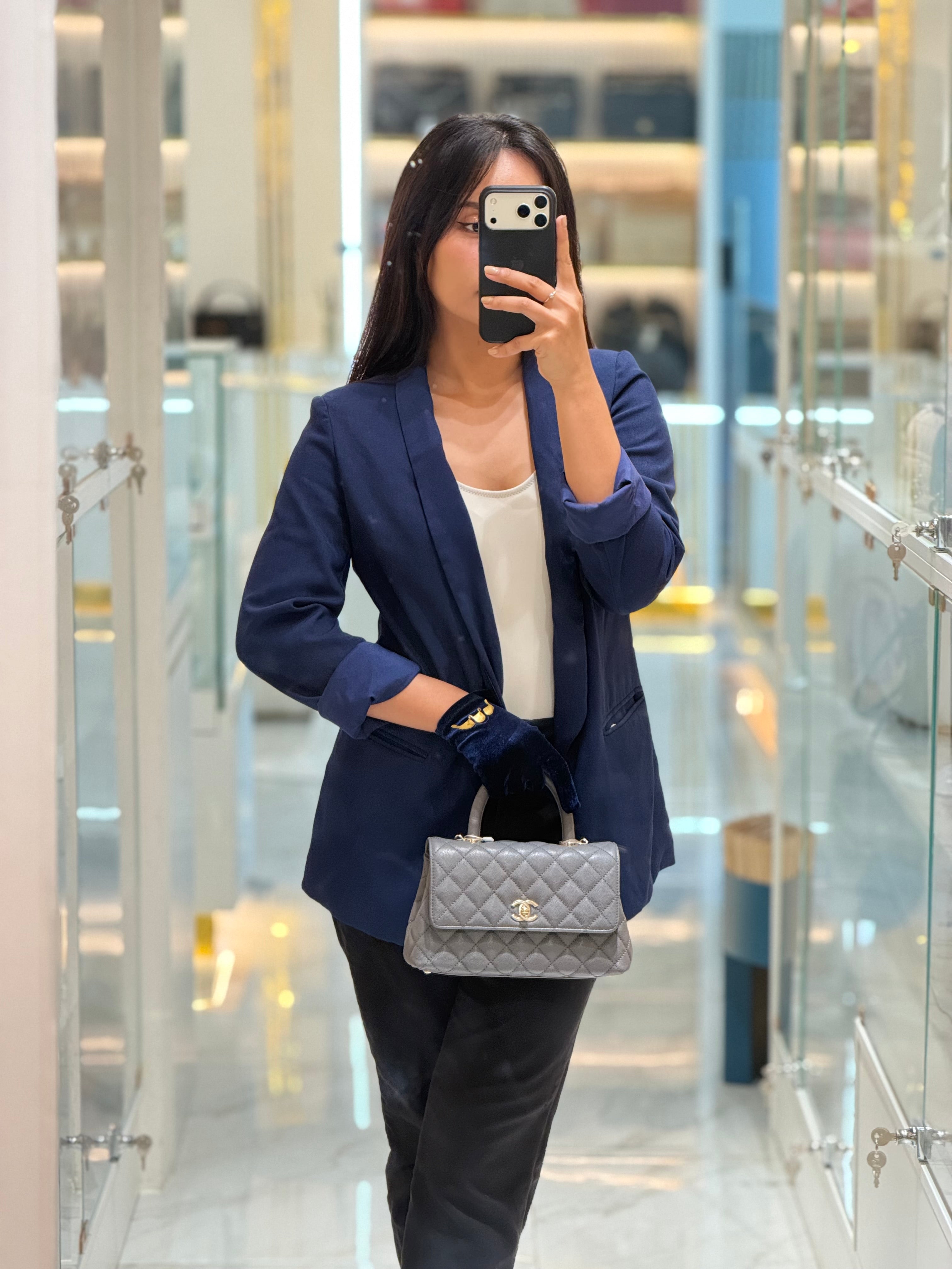 Coco Handle Small in Gray Quilted Caviar Leather & Light Gold Hardware Microchip | Purse Maison Luxury Bags Shop