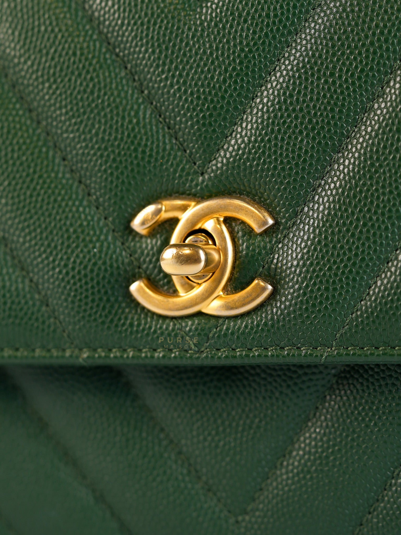 Coco Handle Small in Green Chevron and Aged Gold Hardware Series 26 | Purse Maison Luxury Bags Shop